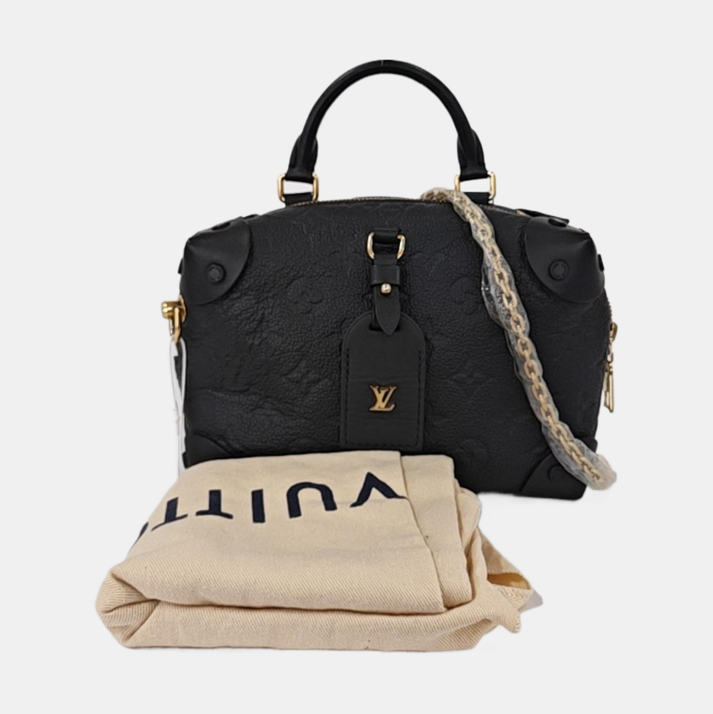 LOUIS VUITTON PETITE MALLE Black Calfskin Monogram Embossed Single Shoulder Bag Tote Bag Gold Hardware Removable Strap-(SKU)-934939114