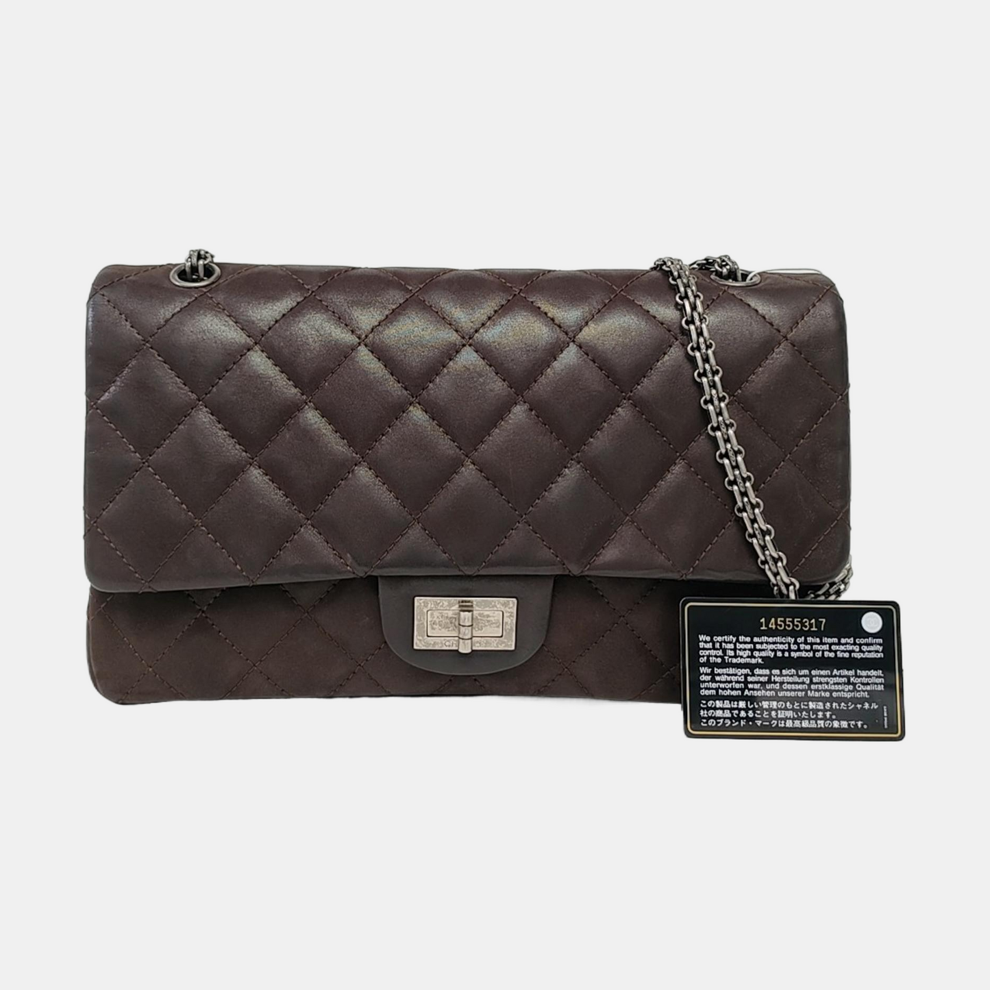 CHANEL 2.55 Maxi Super Large Dark Brown Calfskin Quilted Matelassé Shoulder Bag Crossbody Bag Rutenium Hardware 14 Clasp-(SKU)-963671431