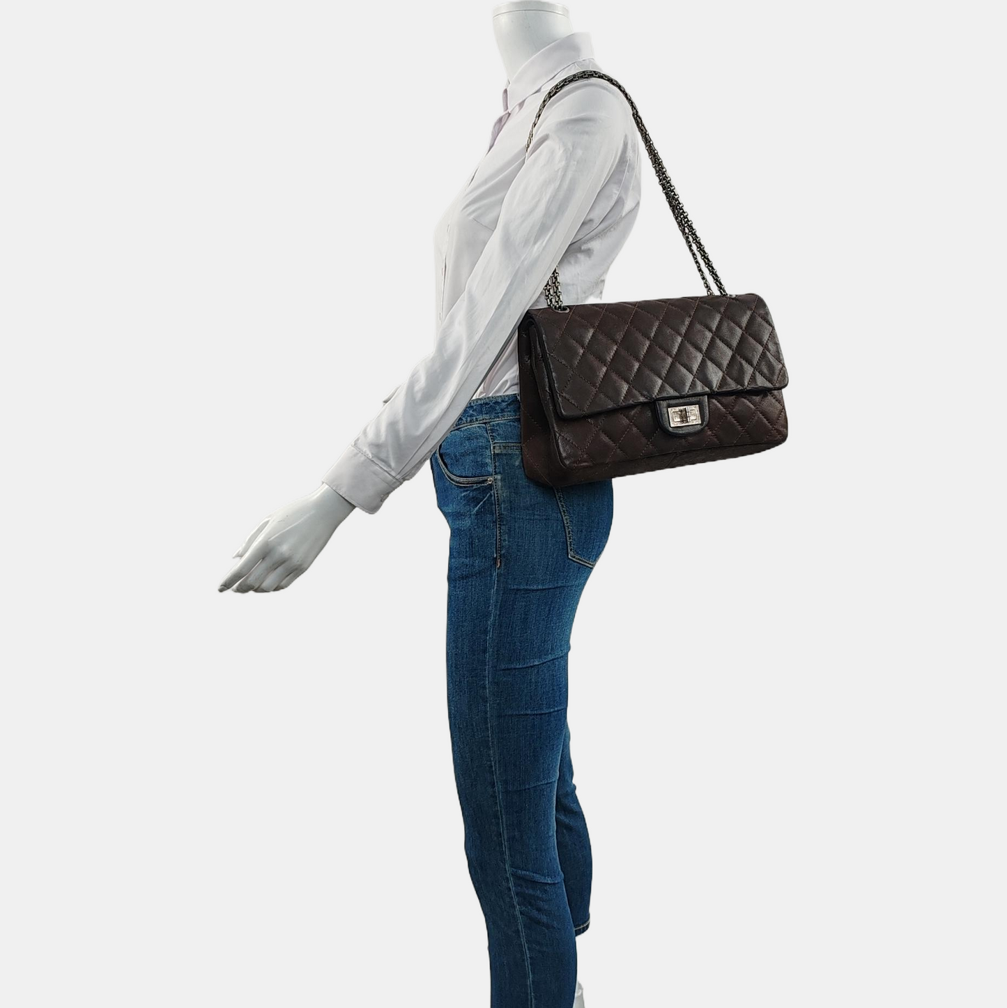 CHANEL 2.55 Maxi Super Large Dark Brown Calfskin Quilted Matelassé Shoulder Bag Crossbody Bag Rutenium Hardware 14 Clasp-(SKU)-963671431