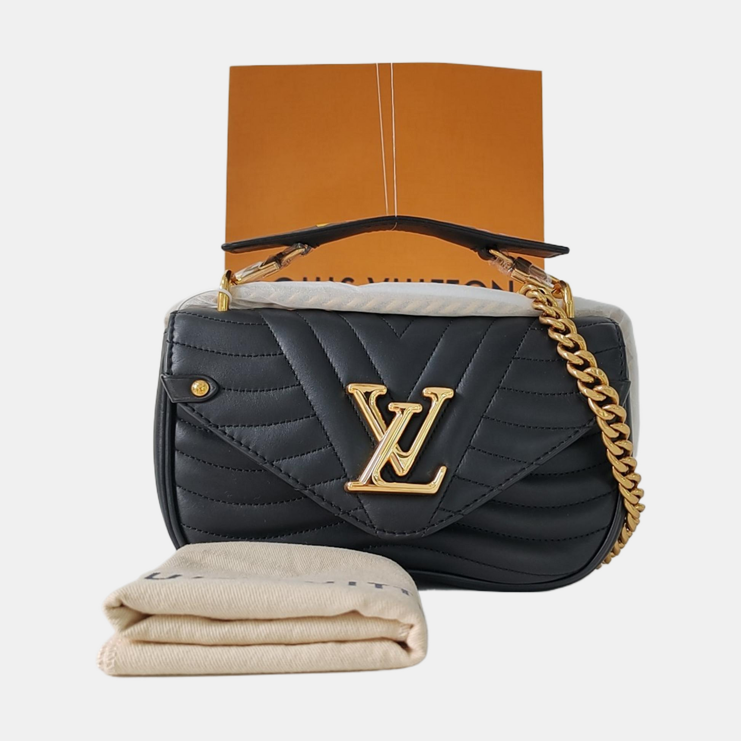 LOUIS VUITTON NEW WAVE Small Black Leather Quilted Shoulder Bag Tote Bag Crossbody Bag Gold Hardware Removable Strap-(SKU)-963958923