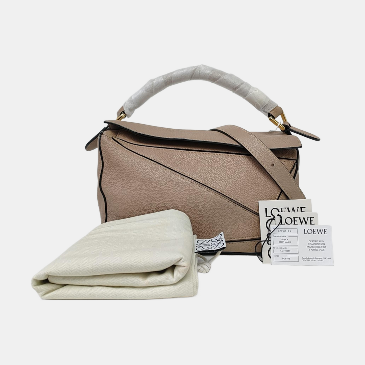 LOEWE Puzzle Small Khaki Calfskin Geometric Bag Crossbody Shoulder Bag with Detachable Strap and Golden Hardware-(SKU)-964095493