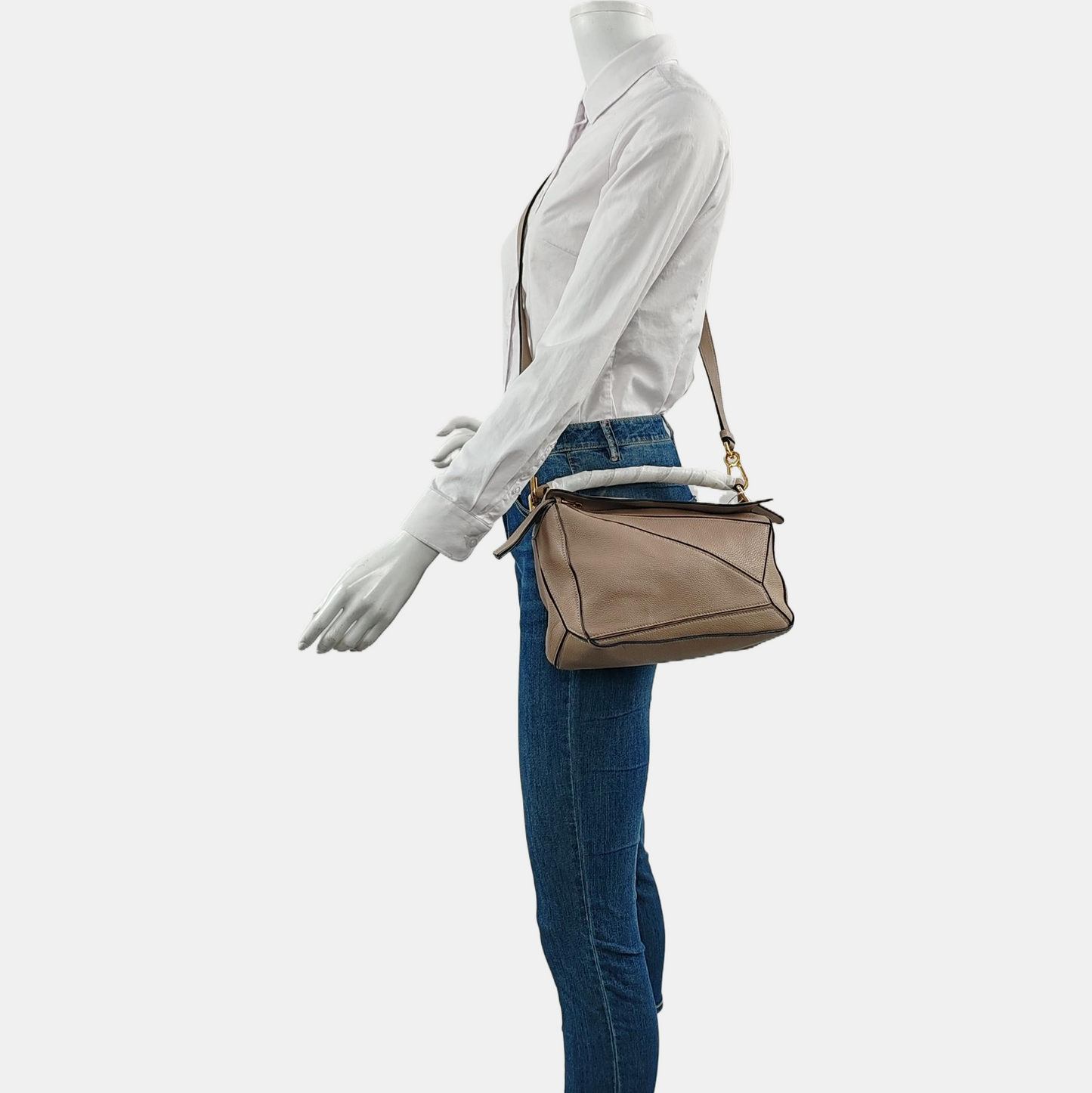 LOEWE Puzzle Small Khaki Calfskin Geometric Bag Crossbody Shoulder Bag with Detachable Strap and Golden Hardware-(SKU)-964095493