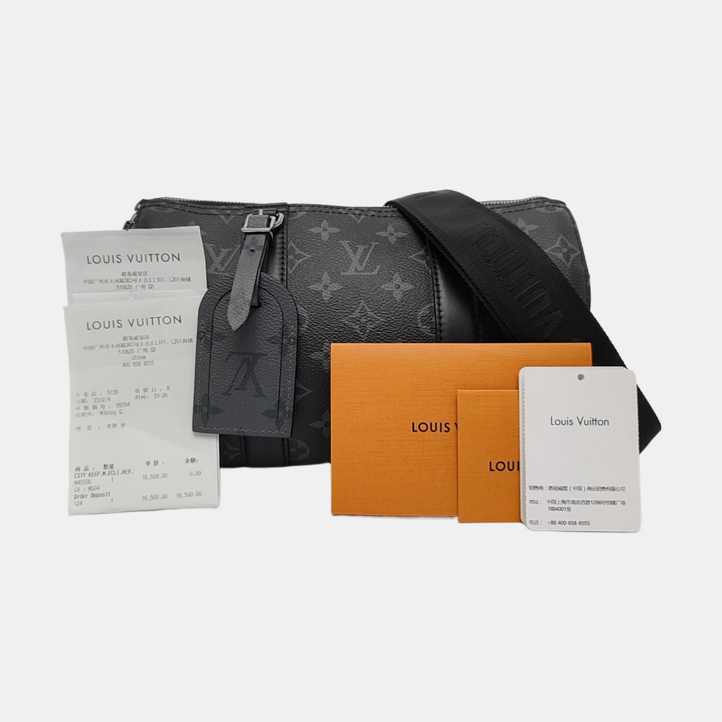 LOUIS VUITTON KEEPALL Black Coated Canvas Monogram Black Samurai Single Shoulder Bag Crossbody Bag with Silver Hardware and Removable Strap-(SKU)-964122055