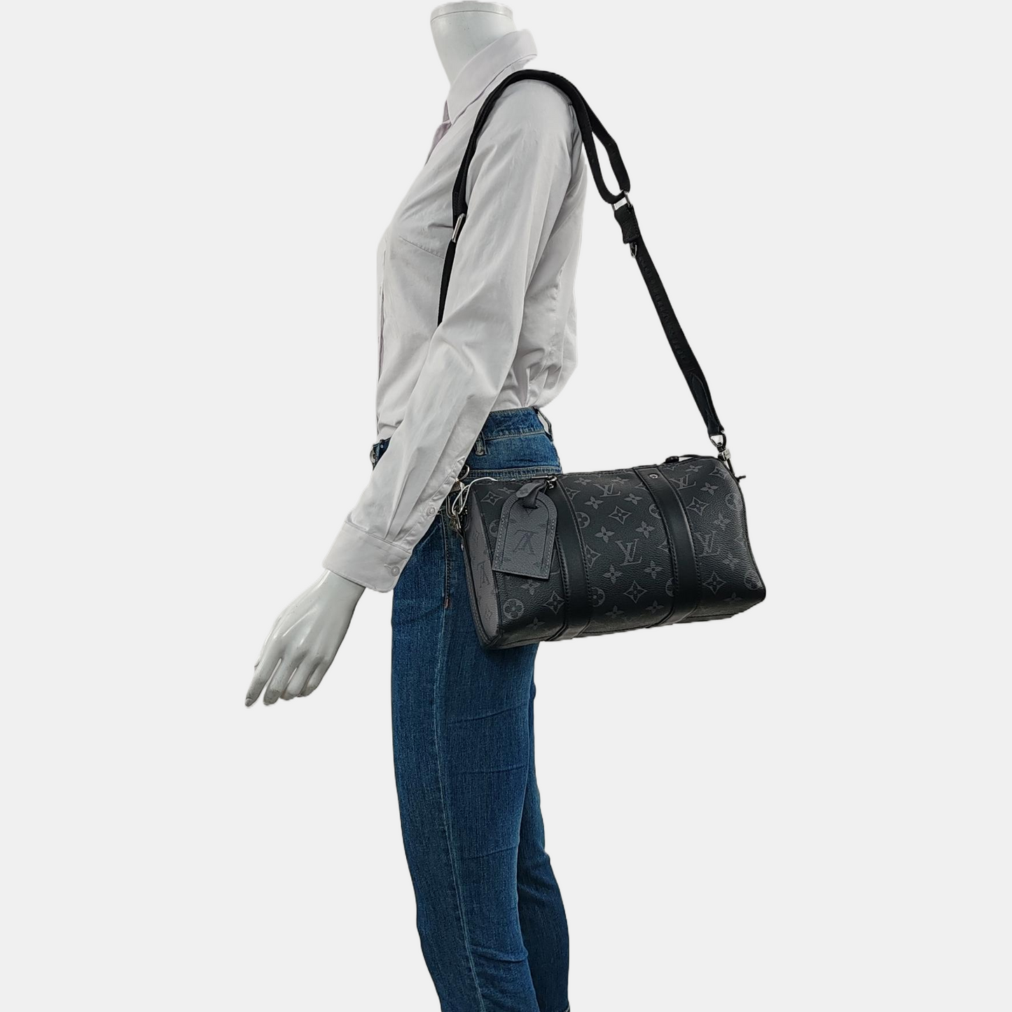 LOUIS VUITTON KEEPALL Black Coated Canvas Monogram Black Samurai Single Shoulder Bag Crossbody Bag with Silver Hardware and Removable Strap-(SKU)-964122055