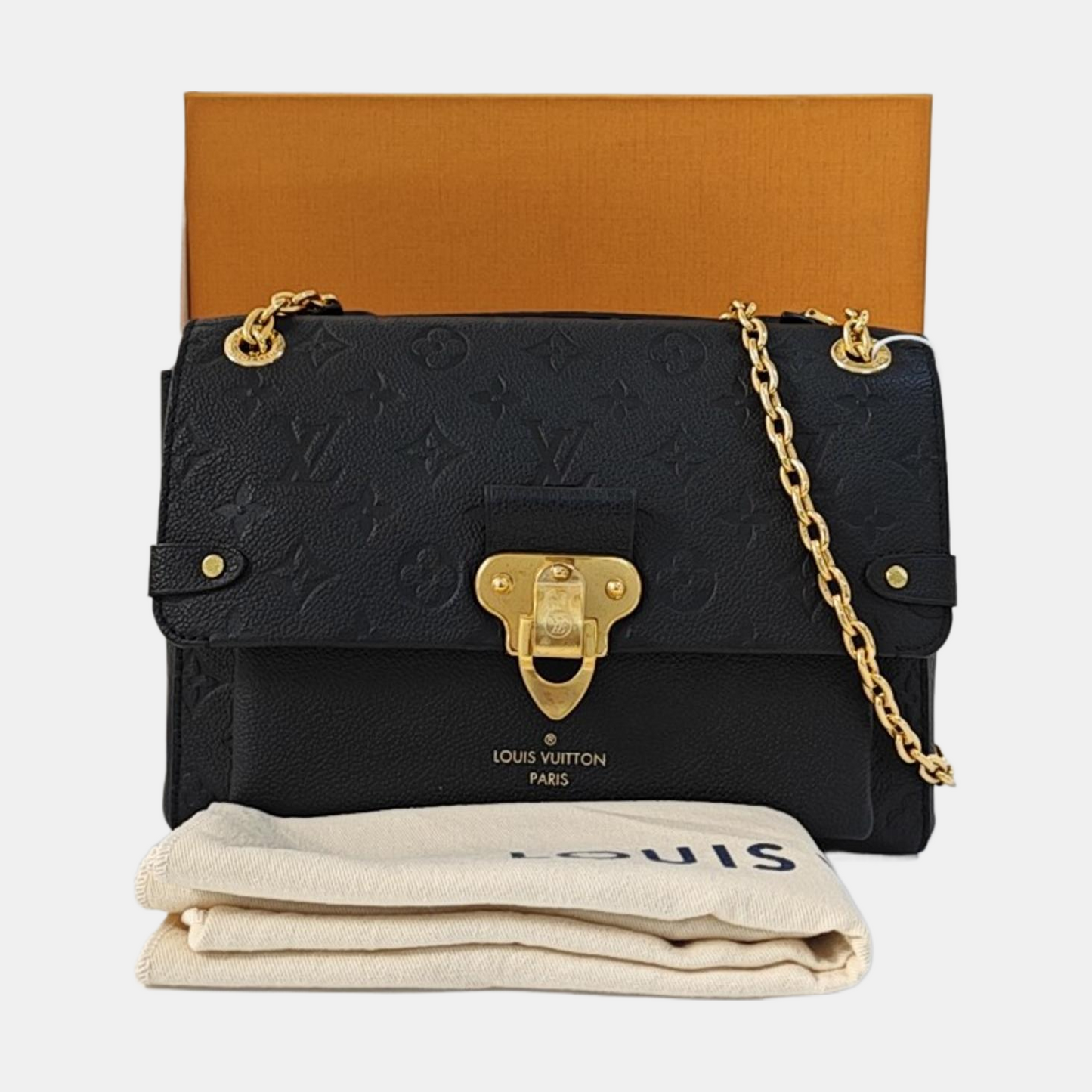 LOUIS VUITTON VAVIN Small Black Leather Monogram Embossed Shoulder Bag Crossbody Bag Golden Hardware-(SKU)-963934010