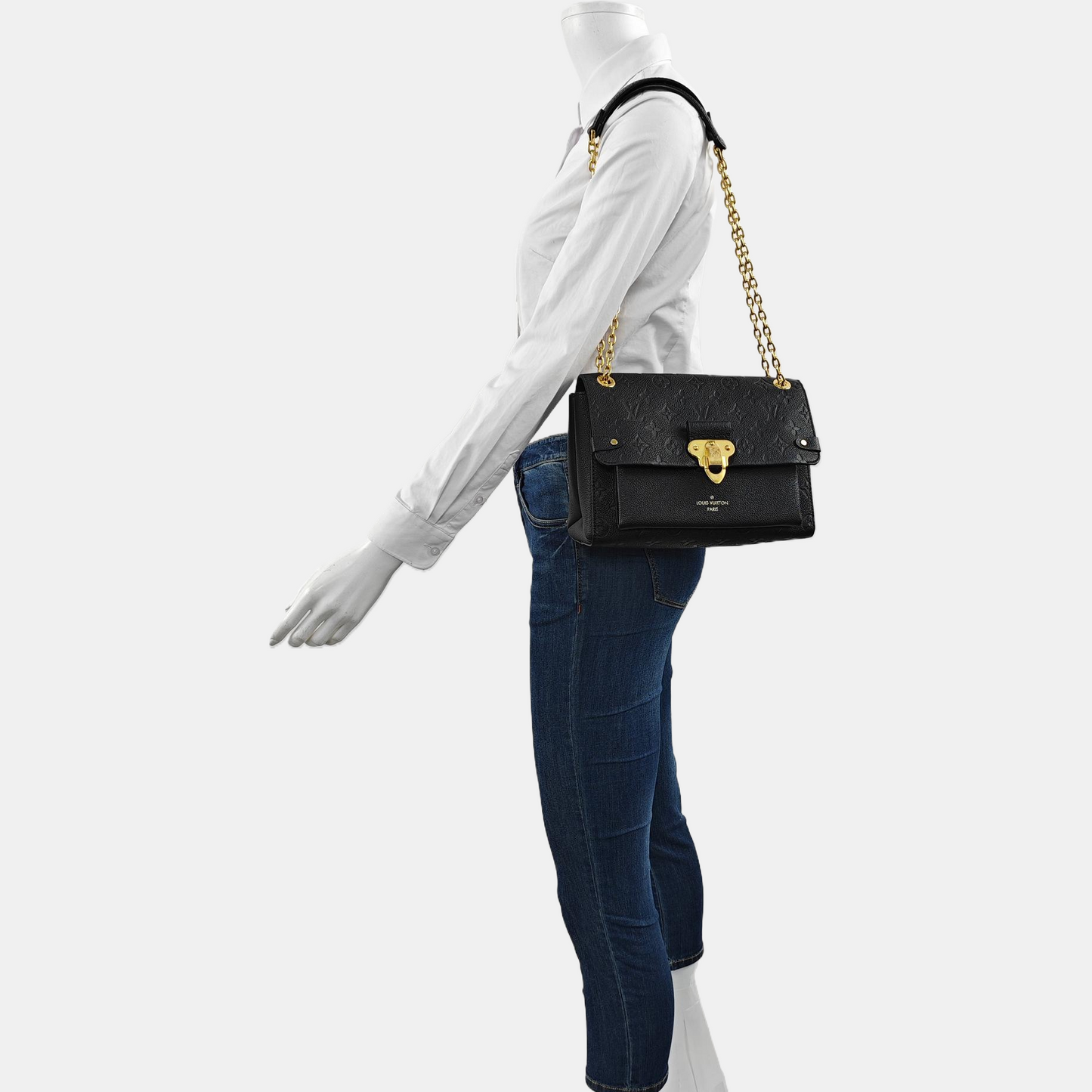 LOUIS VUITTON VAVIN Small Black Leather Monogram Embossed Shoulder Bag Crossbody Bag Golden Hardware-(SKU)-963934010