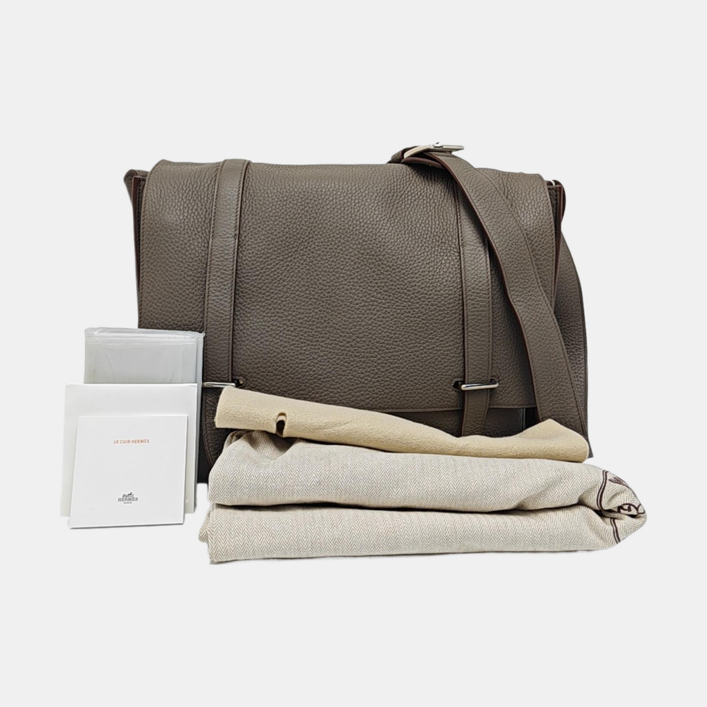 HERMÈS Steve Charcoal Grey Clemence Leather Shoulder Bag Crossbody with Silver Hardware, 🄿-(SKU)-963416776