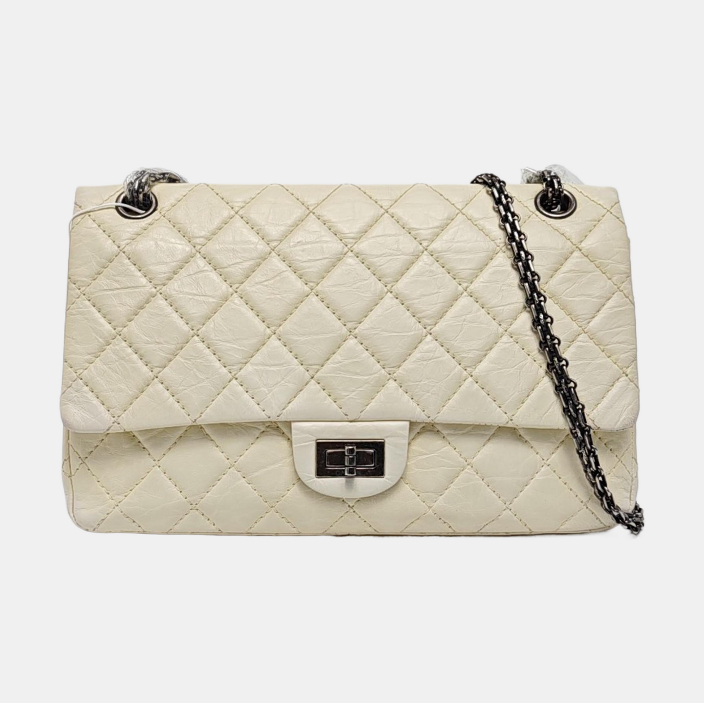 CHANEL 2.55 Large White Calfskin Quilted Single Shoulder Bag Crossbody with Palladium Hardware, 16 Clasp-(SKU)-964099776
