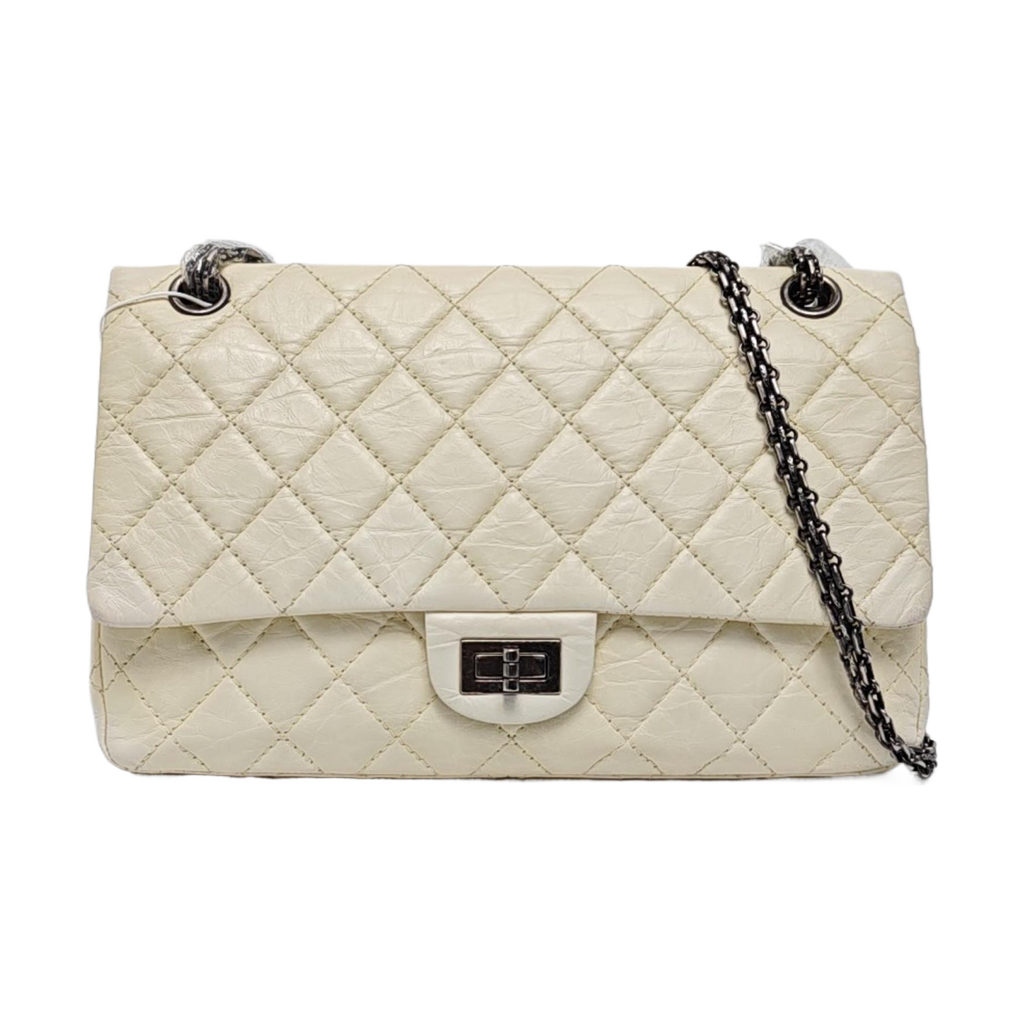 CHANEL 2.55 Large White Calfskin Quilted Single Shoulder Bag Crossbody with Palladium Hardware, 16 Clasp-(SKU)-964099776
