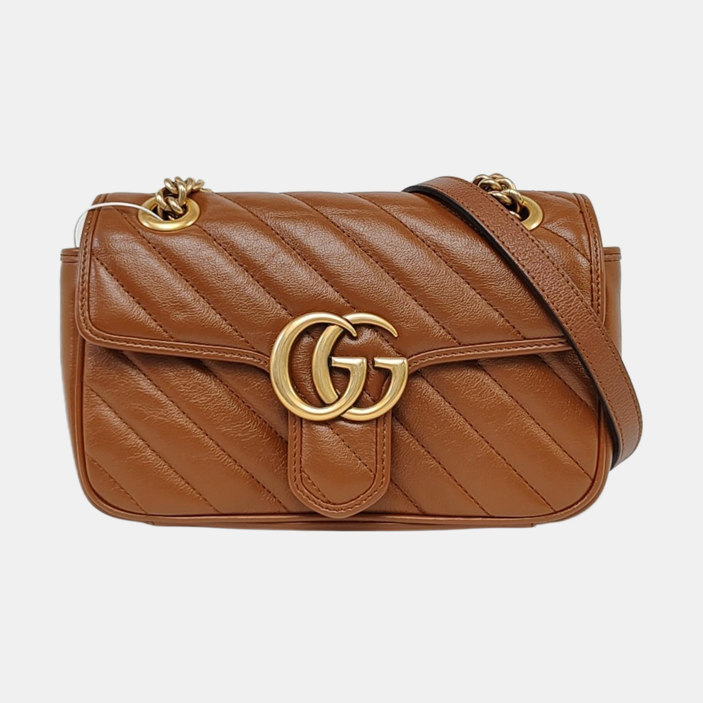 GUCCI GG Marmont Small Brown Calfskin Quilted Striped Shoulder Bag Golden Hardware-(SKU)-964409112