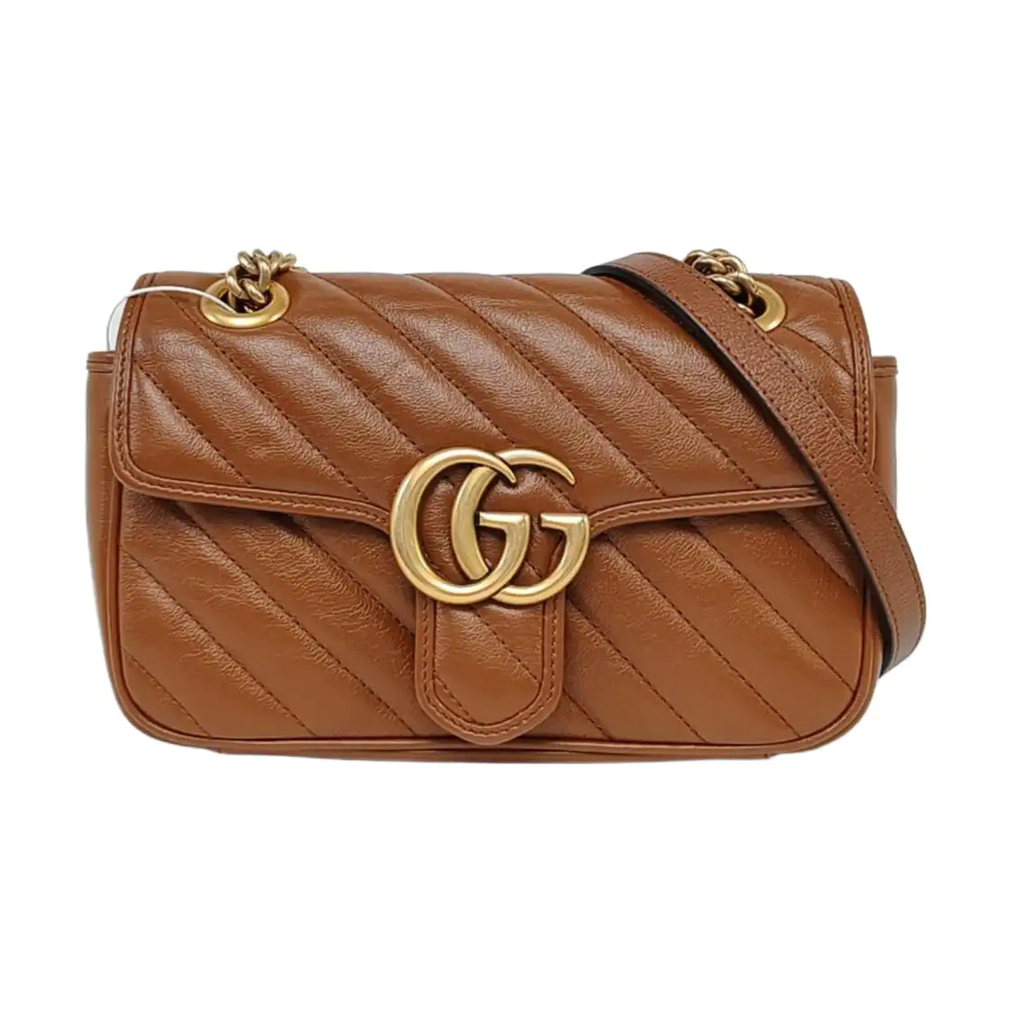 GUCCI GG Marmont Small Brown Calfskin Quilted Striped Shoulder Bag Golden Hardware-(SKU)-964409112