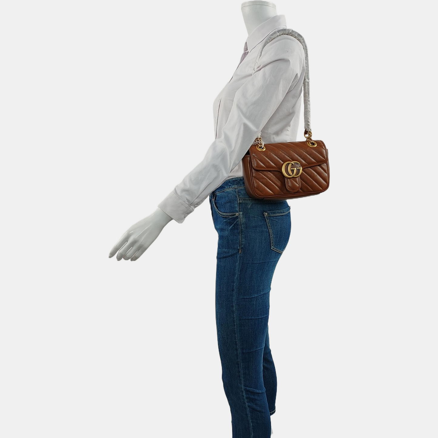 GUCCI GG Marmont Small Brown Calfskin Quilted Striped Shoulder Bag Golden Hardware-(SKU)-964409112