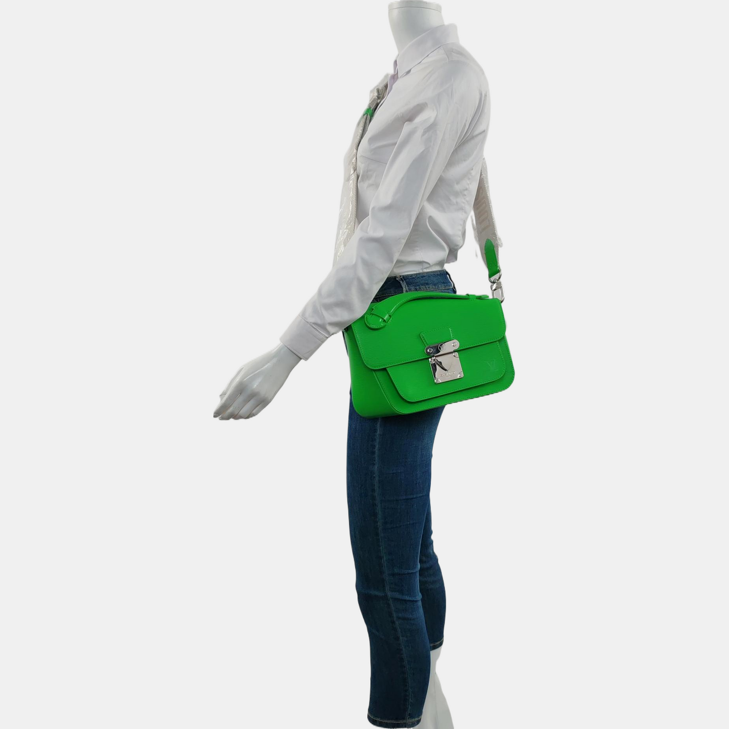 LOUIS VUITTON MONCEAU Green Calfskin Shoulder Bag Tote Crossbody Bag Silver Hardware Removable Strap-(SKU)-963901028