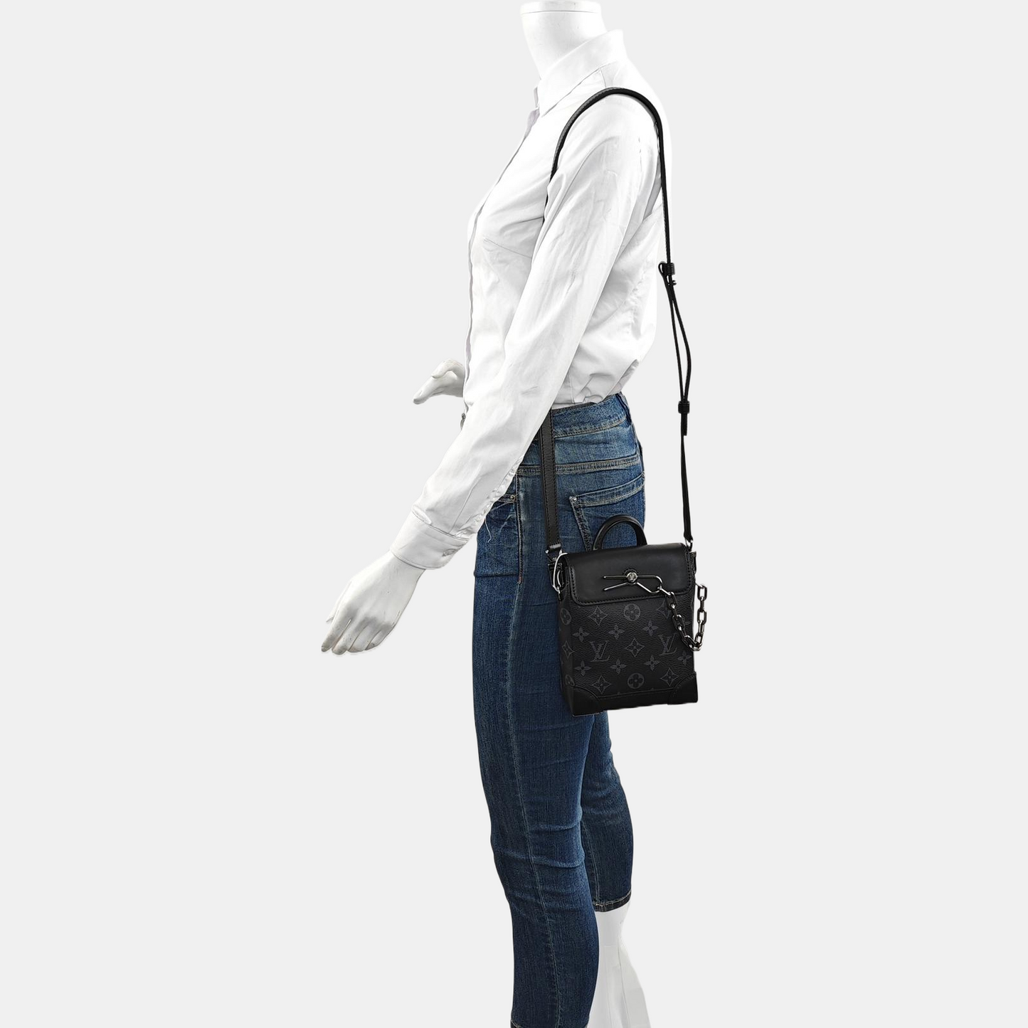 LOUIS VUITTON STEAMER Extra Small Black Coated Canvas Monogram Shoulder Bag Tote Bag Palladium Hardware Removable Strap-(SKU)-964433015