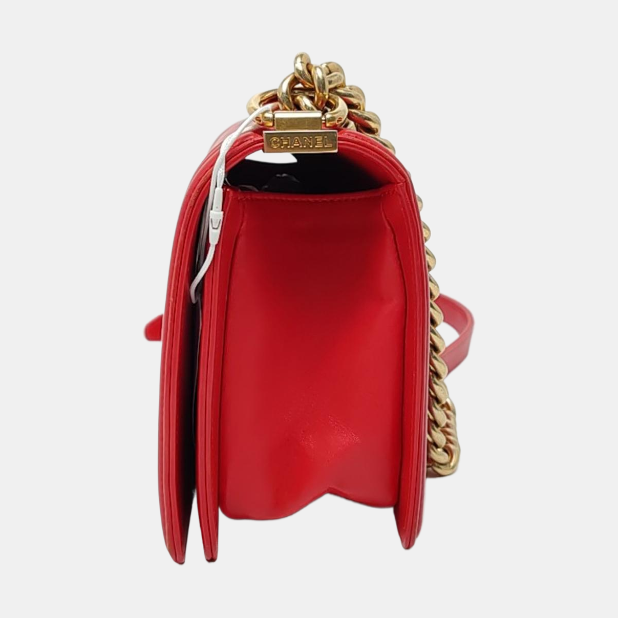 CHANEL BOY CHANEL Medium Size Red Lamb Calfskin Quilted Chevron Single Shoulder Bag Crossbody Bag Gold Hardware 23 Clasp Removable Shoulder Strap-(SKU)-964494003