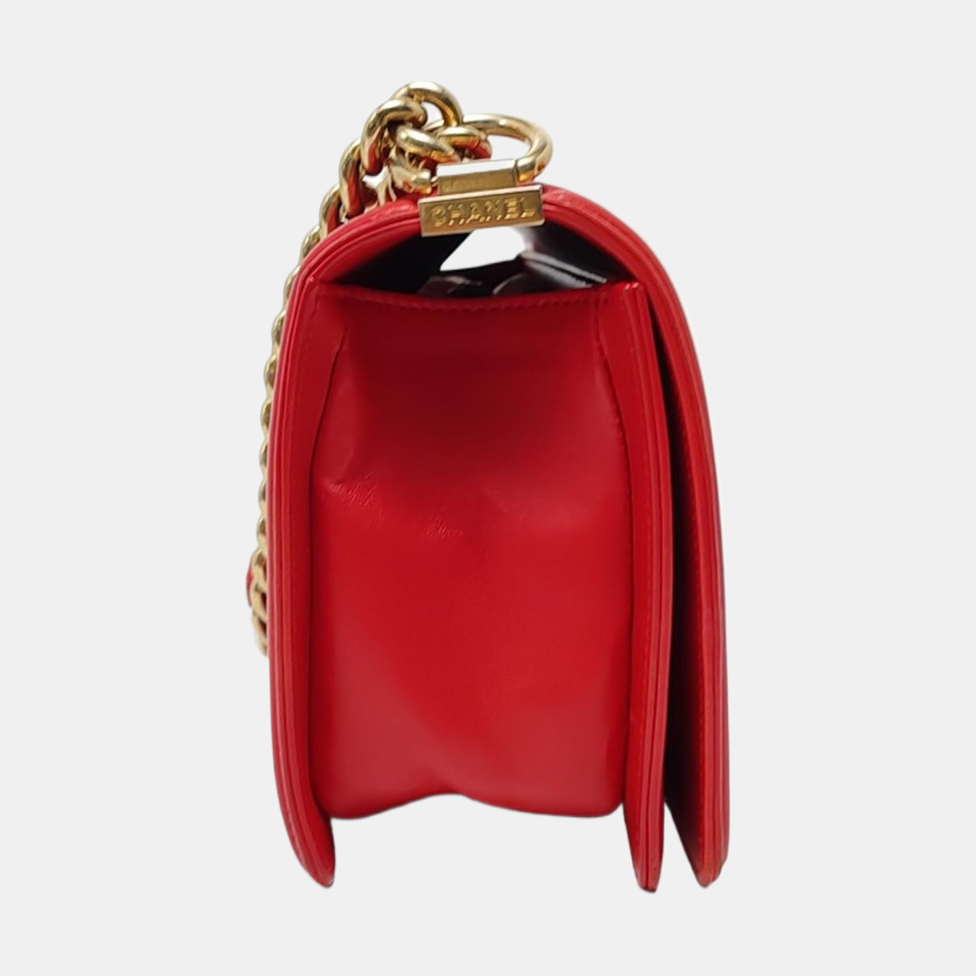 CHANEL BOY CHANEL Medium Size Red Lamb Calfskin Quilted Chevron Single Shoulder Bag Crossbody Bag Gold Hardware 23 Clasp Removable Shoulder Strap-(SKU)-964494003