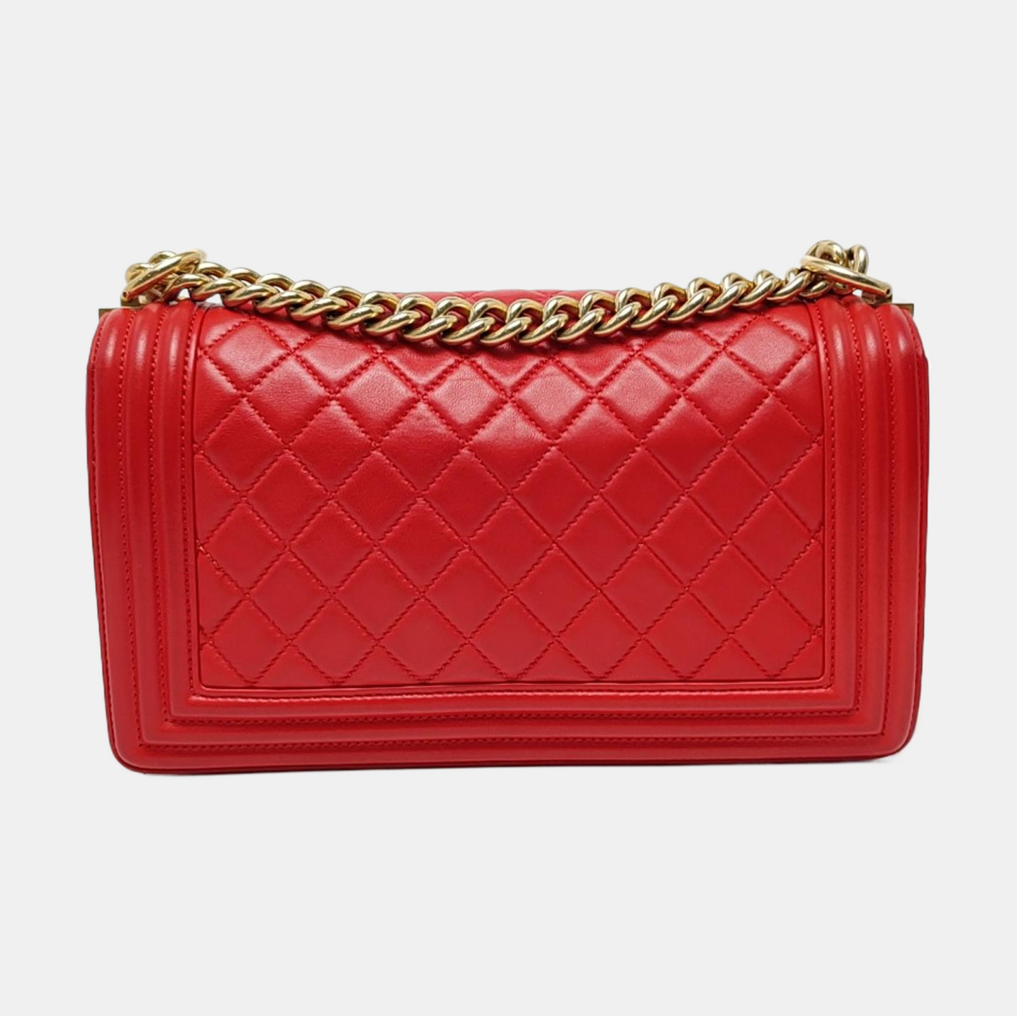 CHANEL BOY CHANEL Medium Size Red Lamb Calfskin Quilted Chevron Single Shoulder Bag Crossbody Bag Gold Hardware 23 Clasp Removable Shoulder Strap-(SKU)-964494003
