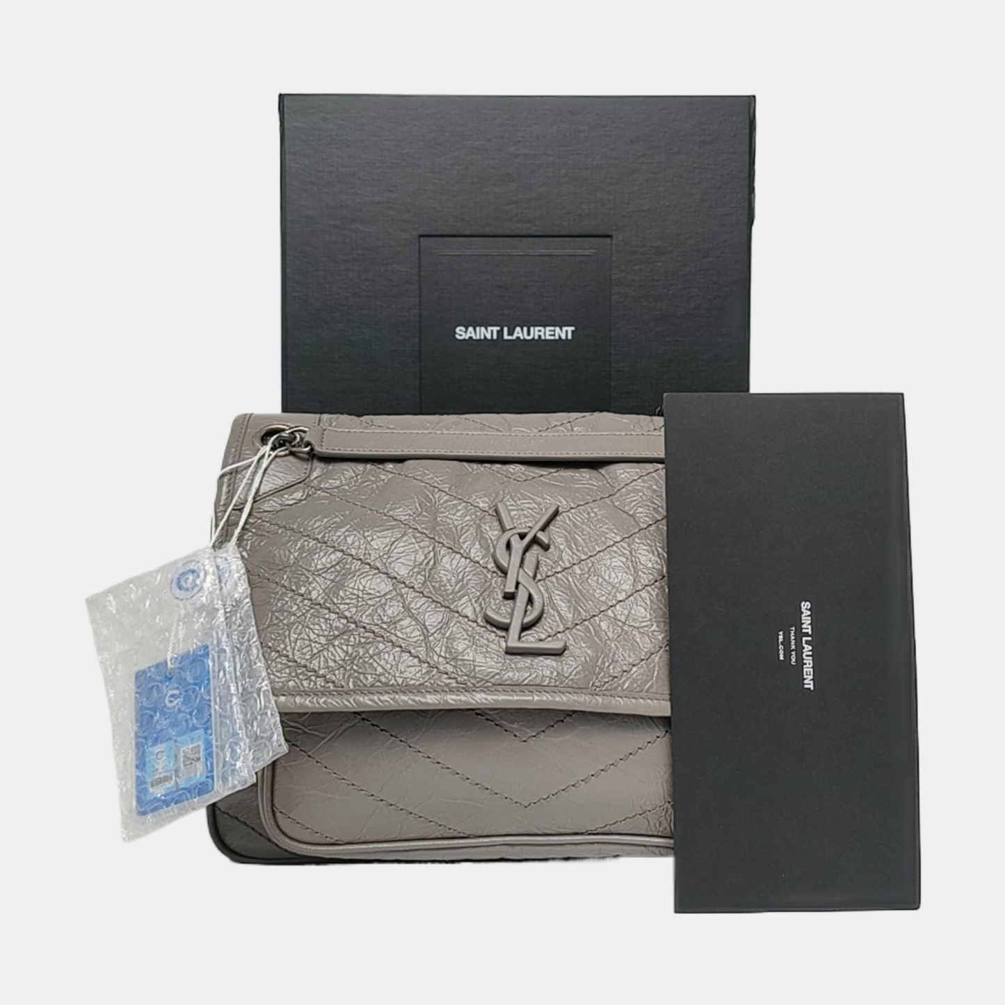 YSL NIKI Medium Grey Leather Quilted V-Grain Single Shoulder Bag Palladium Hardware-(SKU)-964831579