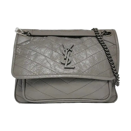 YSL NIKI Medium Grey Leather Quilted V-Grain Single Shoulder Bag Palladium Hardware-(SKU)-964831579