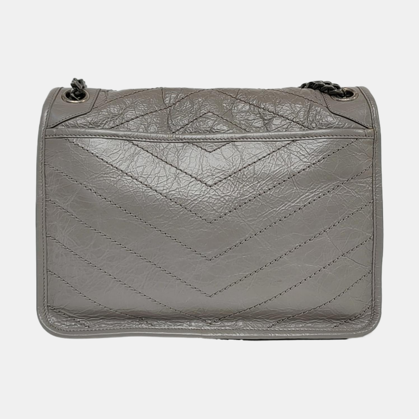 YSL NIKI Medium Grey Leather Quilted V-Grain Single Shoulder Bag Palladium Hardware-(SKU)-964831579
