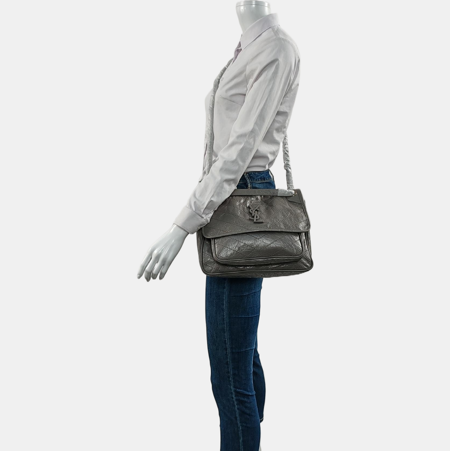 YSL NIKI Medium Grey Leather Quilted V-Grain Single Shoulder Bag Palladium Hardware-(SKU)-964831579