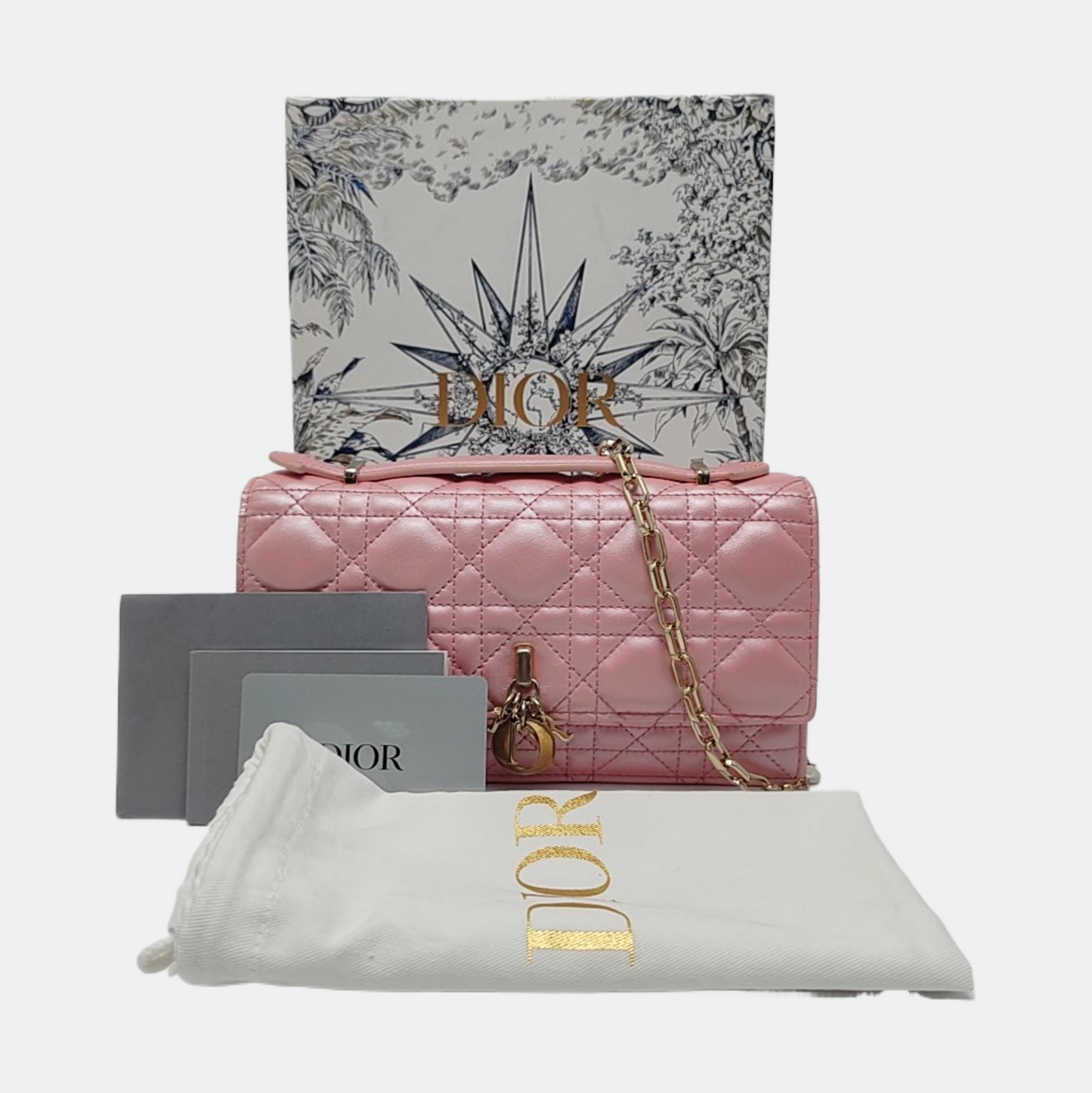 DIOR Lady Dior Mini Pink Lamb Skin Jacquard Quilted Shoulder Bag with Chain Strap, Gold Hardware, Removable Shoulder Strap, Accessories Included-(SKU)-964839672