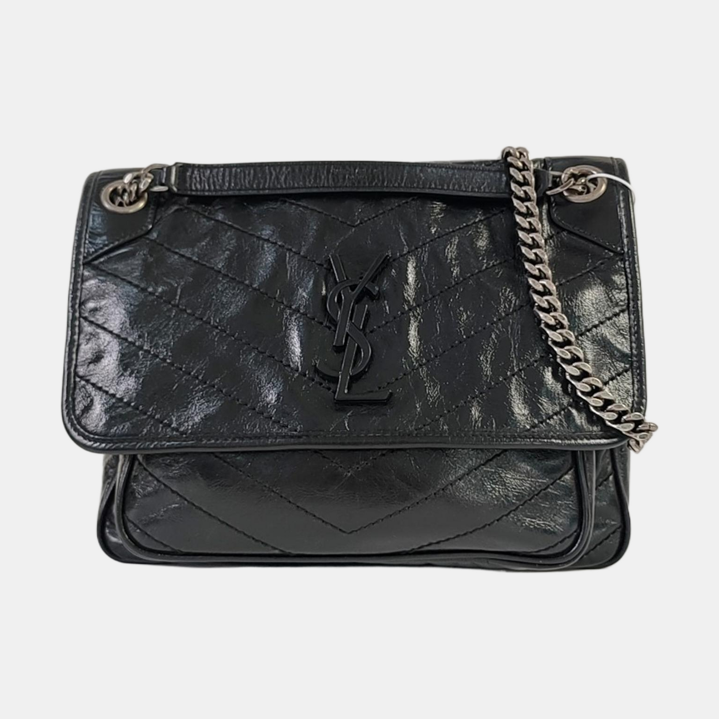 YSL NIKI Medium Black Leather Quilted V-Shape Shoulder Bag Black Ruthenium Hardware-(SKU)-964795296