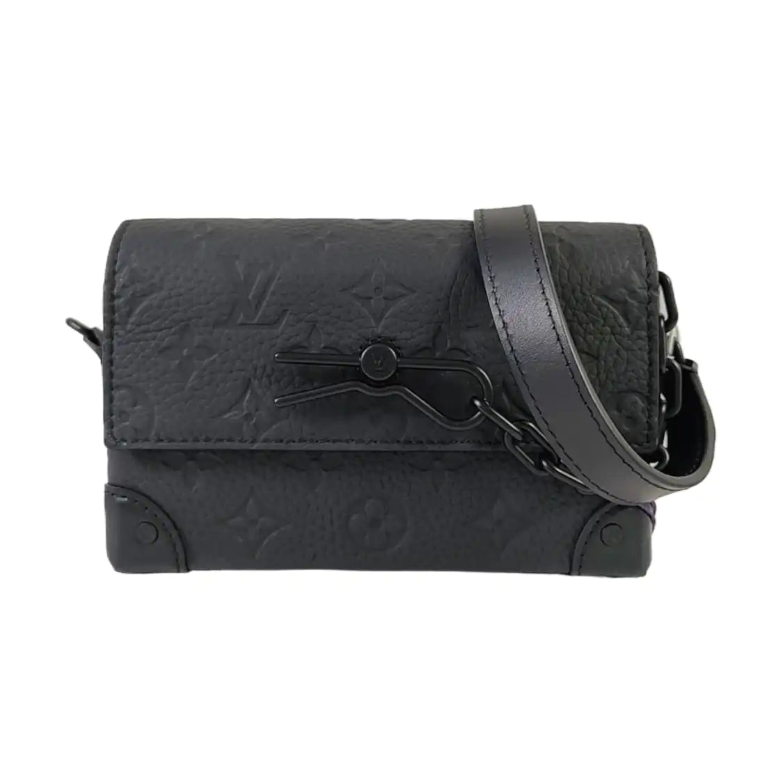 LOUIS VUITTON SOFT TRUNK Mini Black Leather Vintage Embossed Black Samurai Crossbody Shoulder Bag Black Hardware-(SKU)-964773584