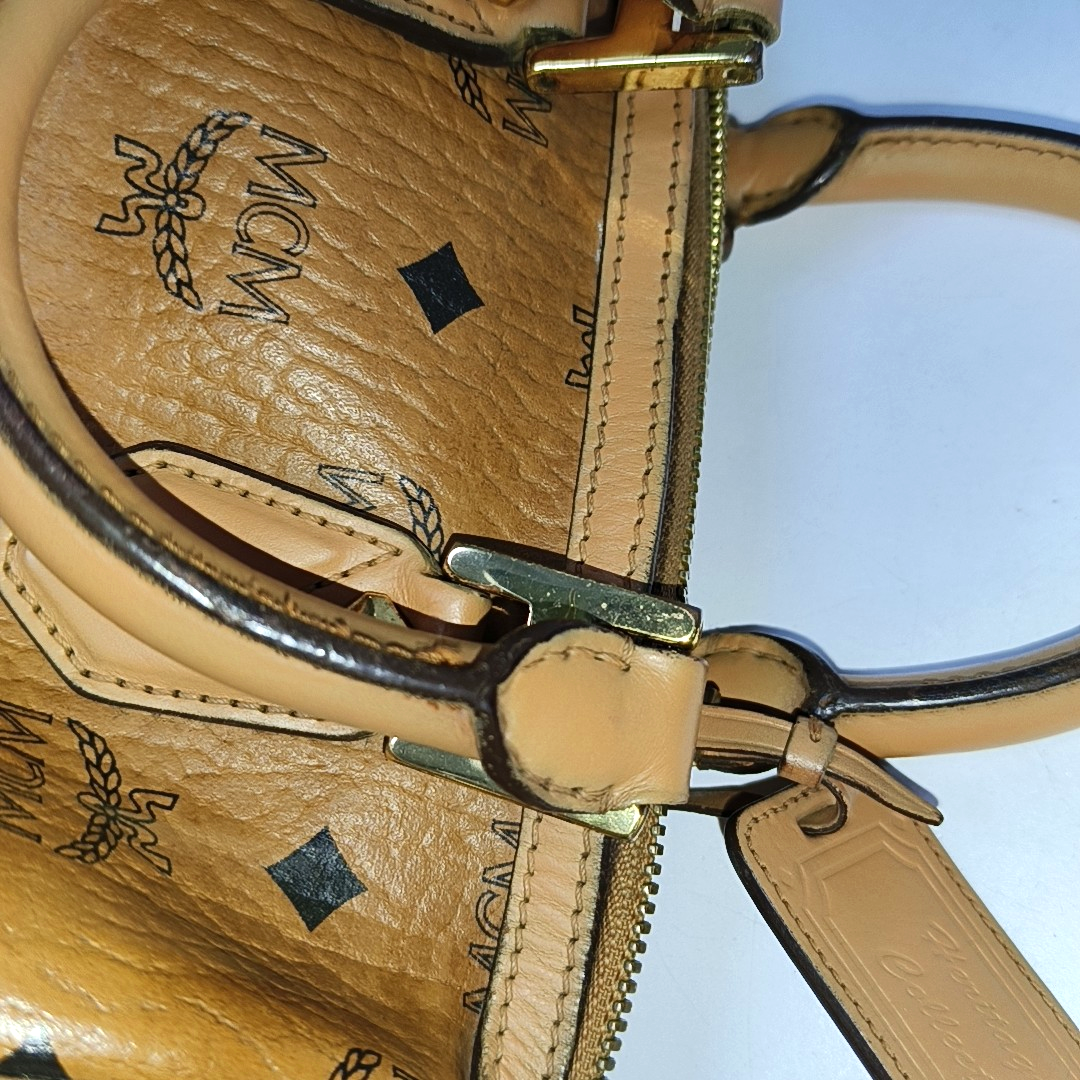 MCM ESSENTIAL Cognac Coated Canvas Monogram Print Boston Bag Single Shoulder Bag Handbag Crossbody Bag Golden hardware Removable shoulder strap-(SKU)-942033097