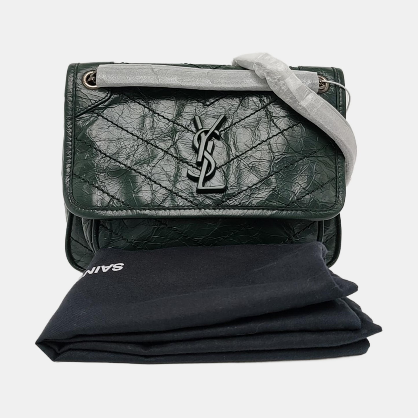 YSL NIKI Small Dark Green Leather Quilted V Pattern Shoulder Bag and Crossbody with Detachable Strap, Black Rhodium-Plated Hardware-(SKU)-965294545