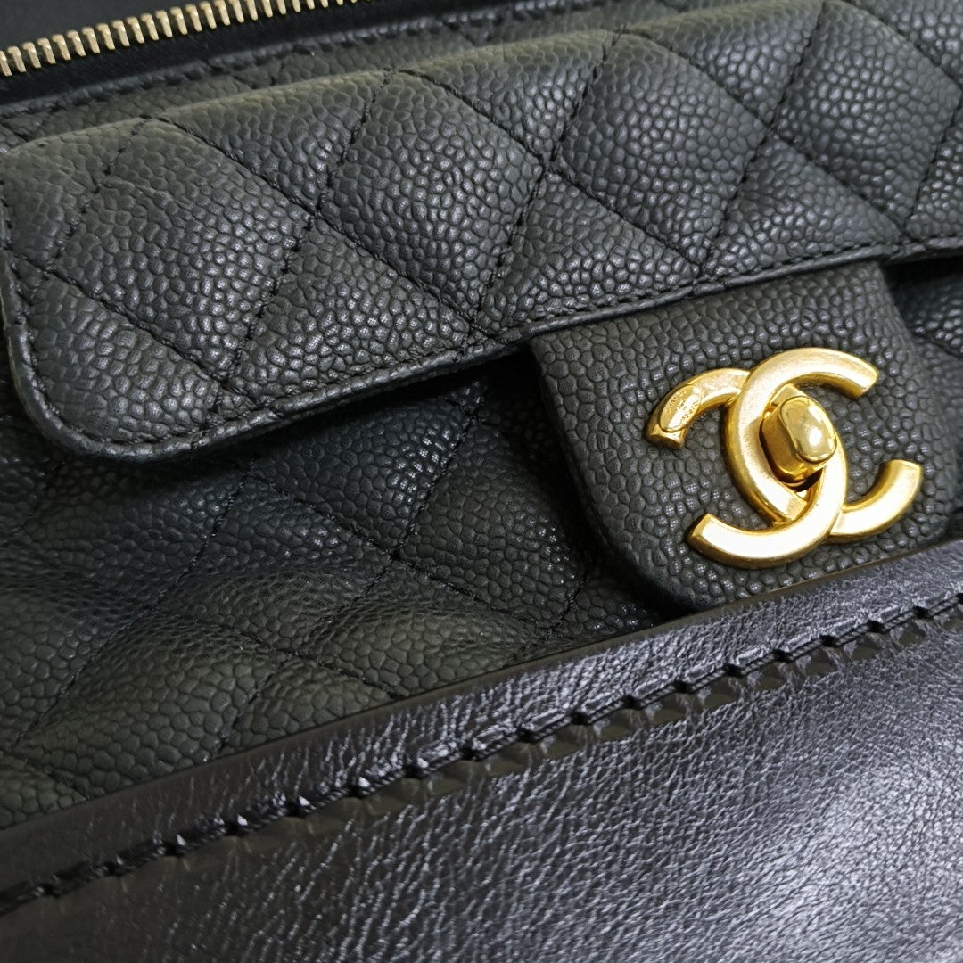 CHANEL GLOBE TROTTER Black Calfskin Quilted Crossbody Shoulder Bag Handbag Gold Hardware 18 Clasp-(SKU)-965080206