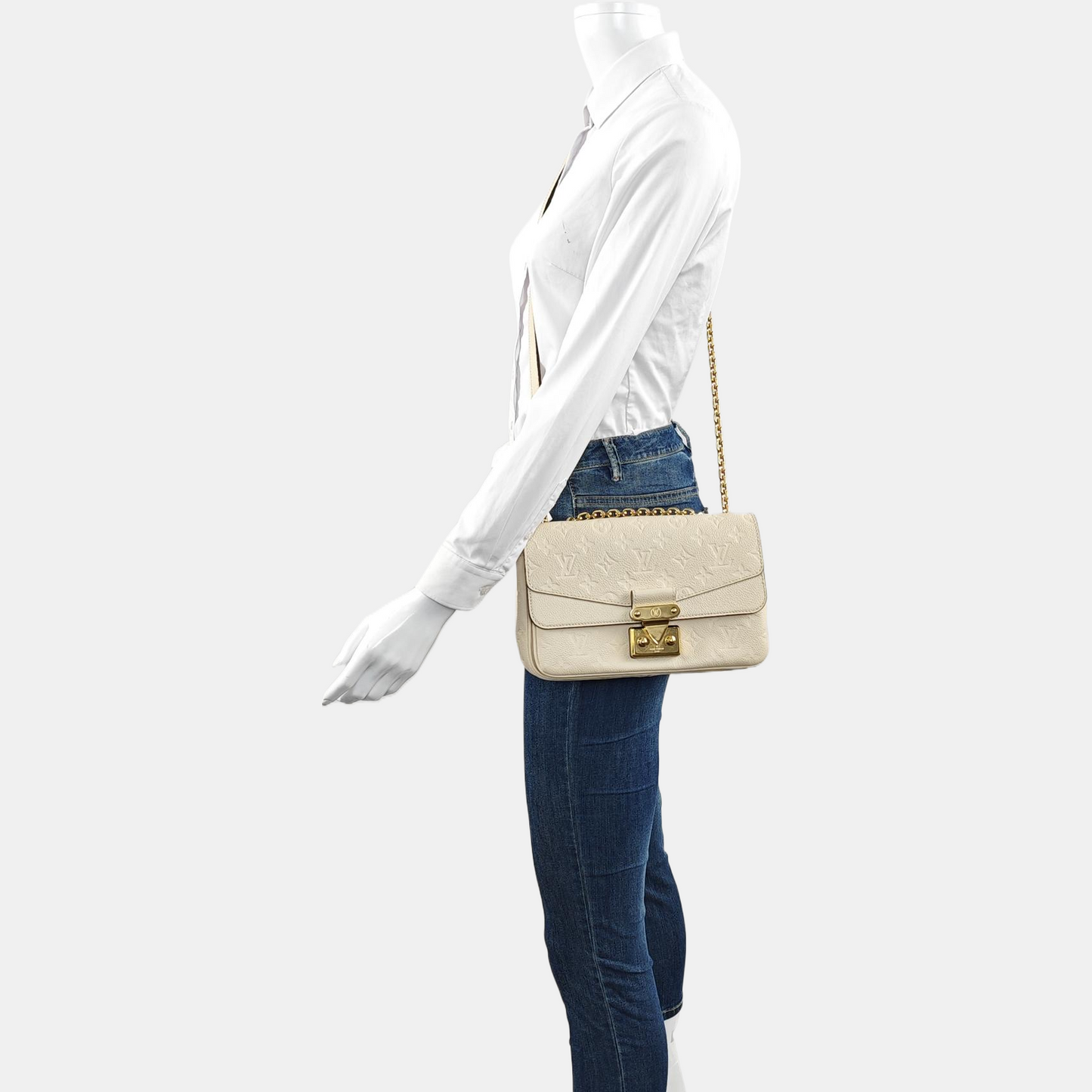LOUIS VUITTON MARCEAU White Calfskin Monogram Embossed Single Shoulder Bag Crossbody Bag Gold Hardware-(SKU)-965269082