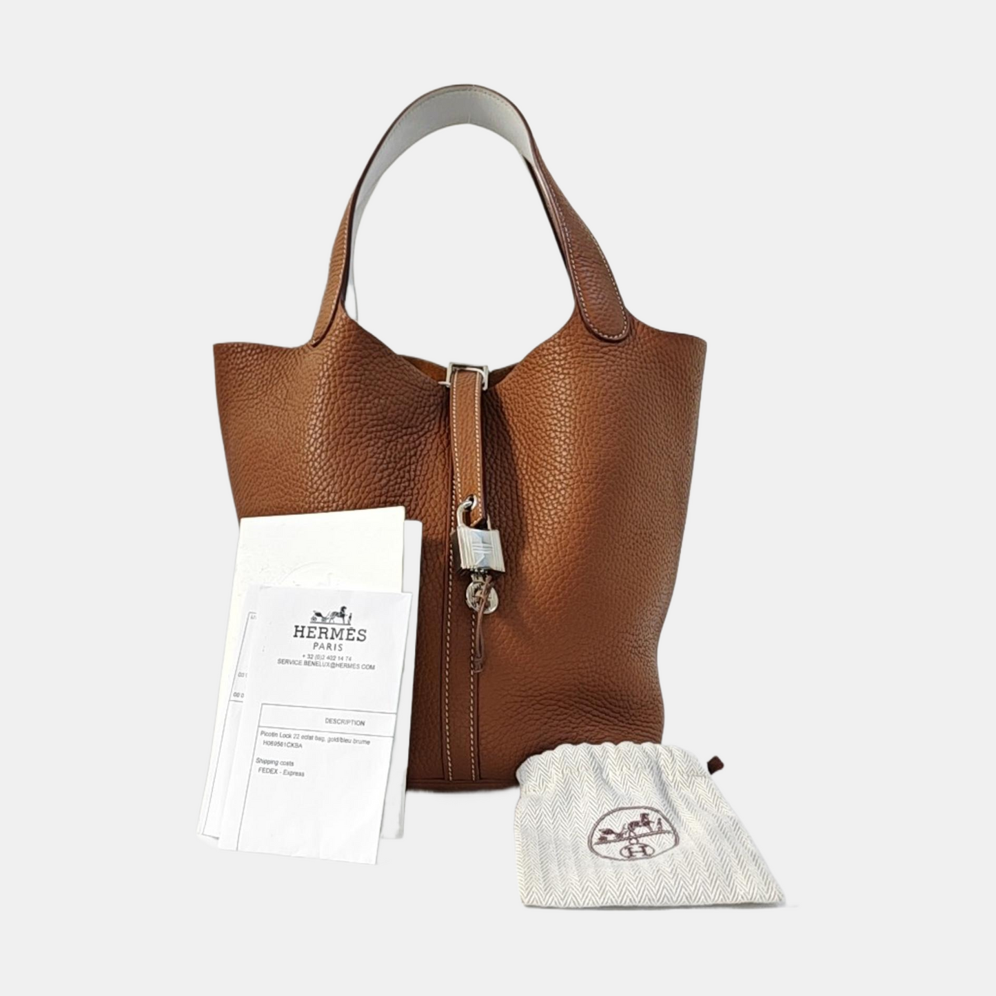 HERMÈS Picotin Lock 22 Gold Brown Clemence Leather Basket Tote Bag Shoulder Bag Silver Hardware Z-(SKU)-965274006