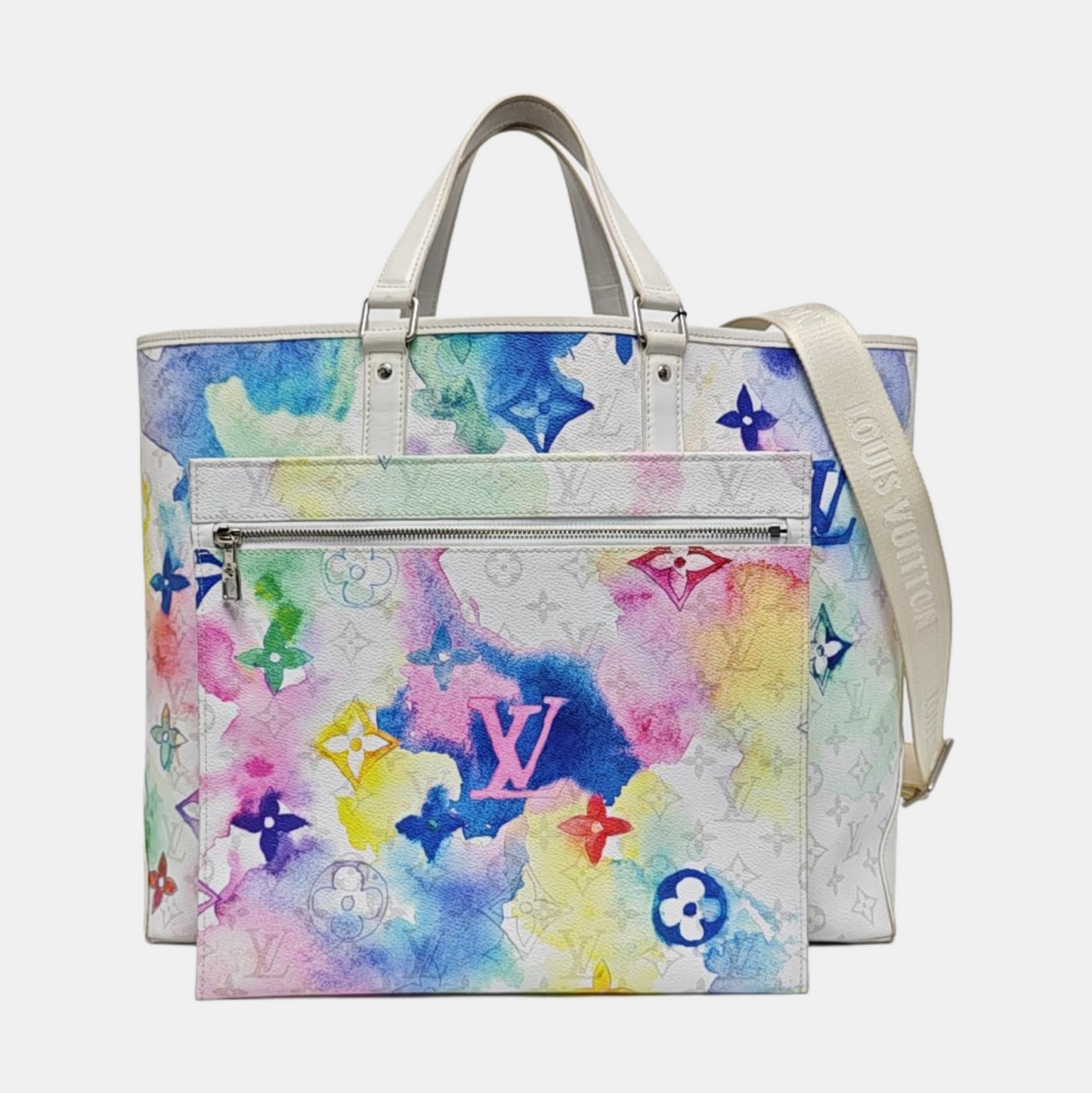 LOUIS VUITTON WEEK-END Large size white coated canvas Monogram vintage print single shoulder bag with handle, silver hardware, interior pocket, removable shoulder strap-(SKU)-965602289