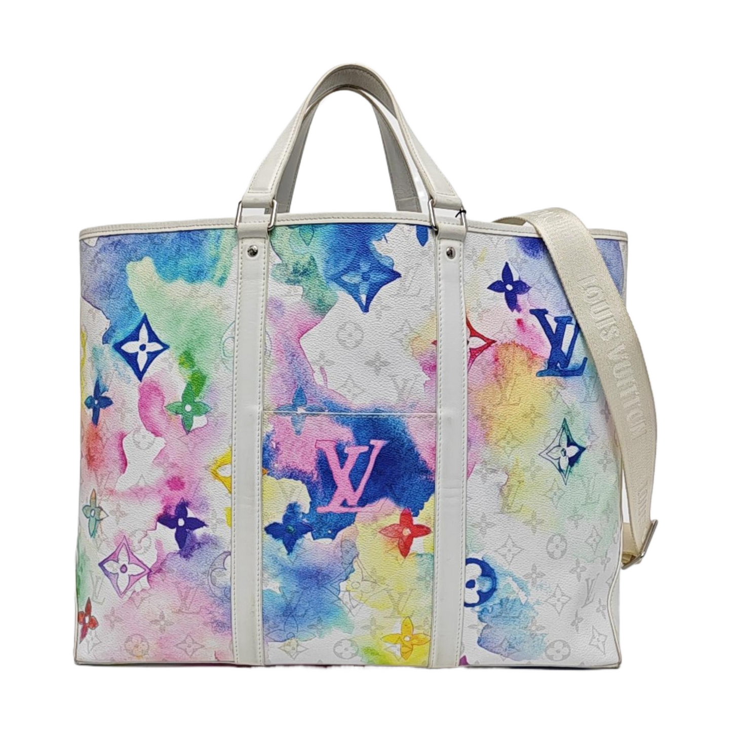 LOUIS VUITTON WEEK-END Large size white coated canvas Monogram vintage print single shoulder bag with handle, silver hardware, interior pocket, removable shoulder strap-(SKU)-965602289