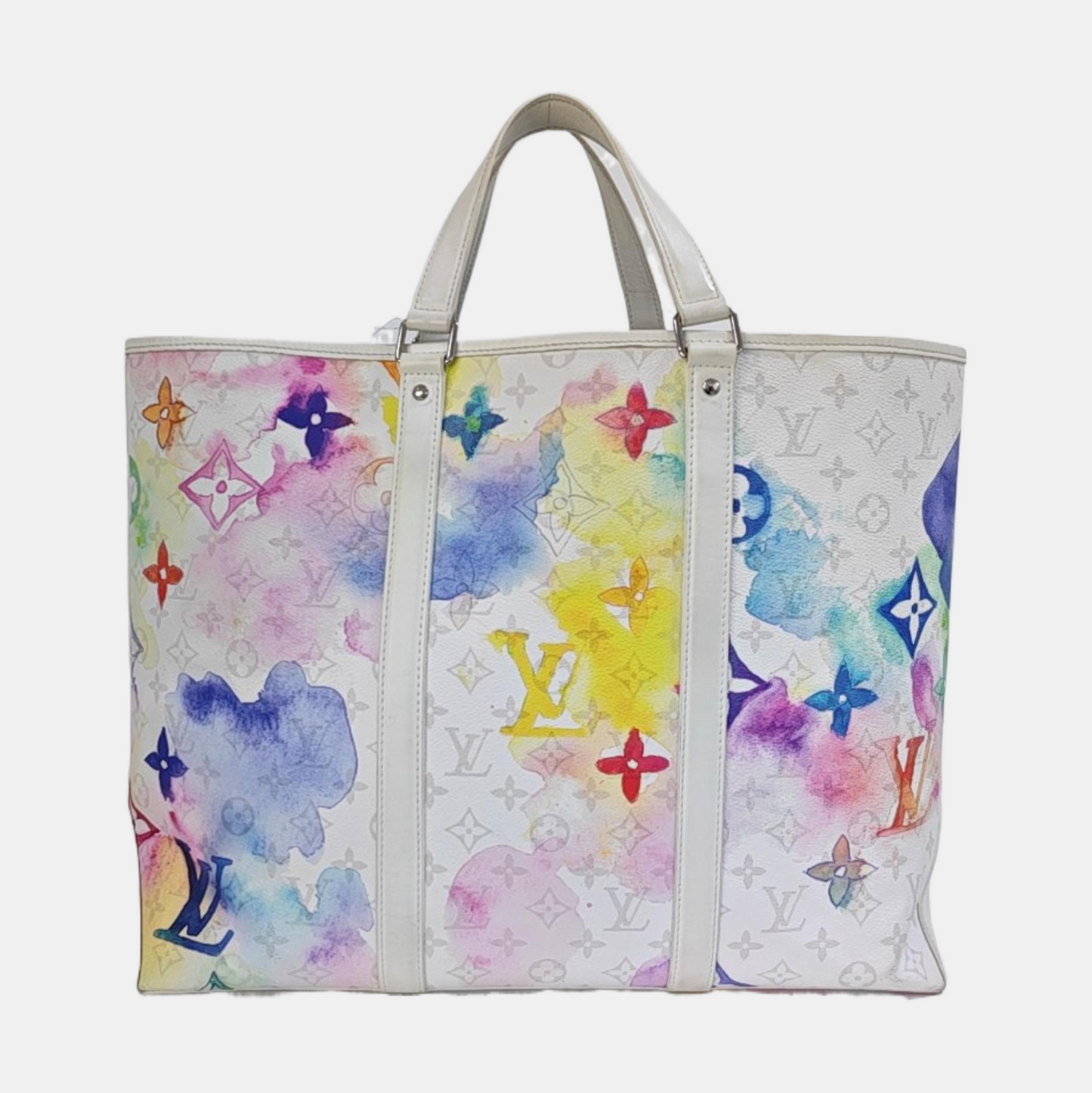 LOUIS VUITTON WEEK-END Large size white coated canvas Monogram vintage print single shoulder bag with handle, silver hardware, interior pocket, removable shoulder strap-(SKU)-965602289