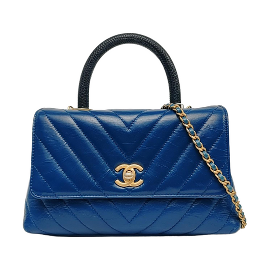 CHANEL COCO HANDLE Medium Size Blue Calfskin Quilted V Pattern Single Shoulder Bag with Gold Hardware 25 Compartments Removable Shoulder Strap-(SKU)-965602661