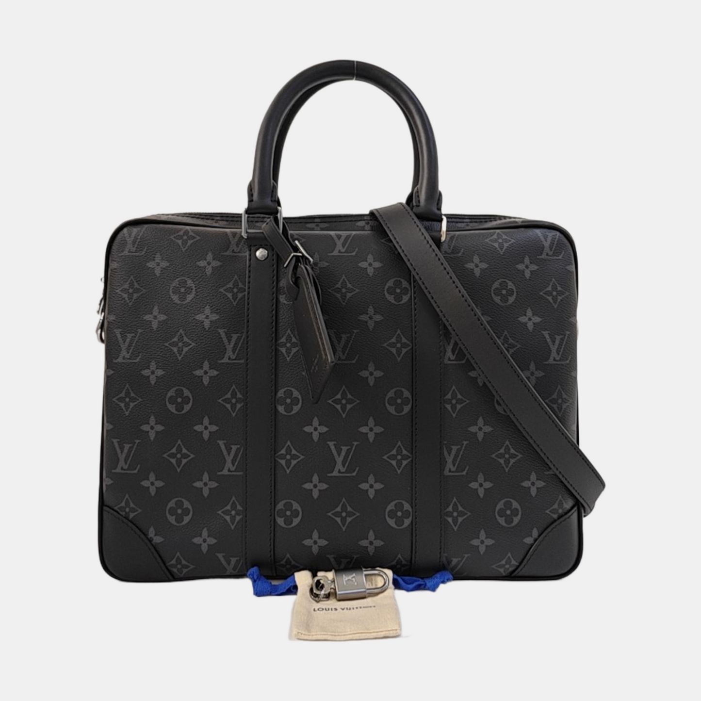LOUIS VUITTON PORTFOLIO Small size black coated canvas monogram shoulder bag crossbody bag handbag with silver hardware and removable shoulder strap-(SKU)-965586116