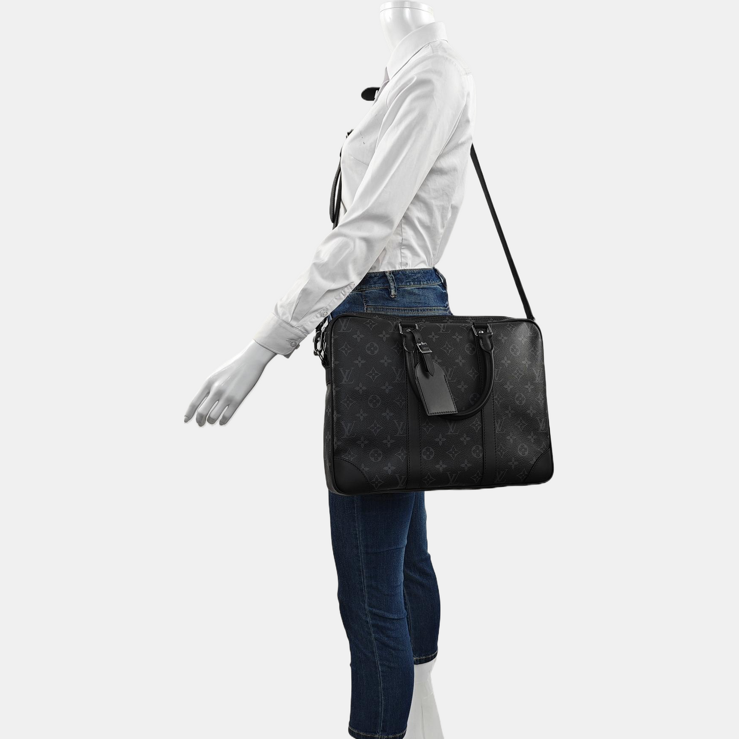 LOUIS VUITTON PORTFOLIO Small size black coated canvas monogram shoulder bag crossbody bag handbag with silver hardware and removable shoulder strap-(SKU)-965586116
