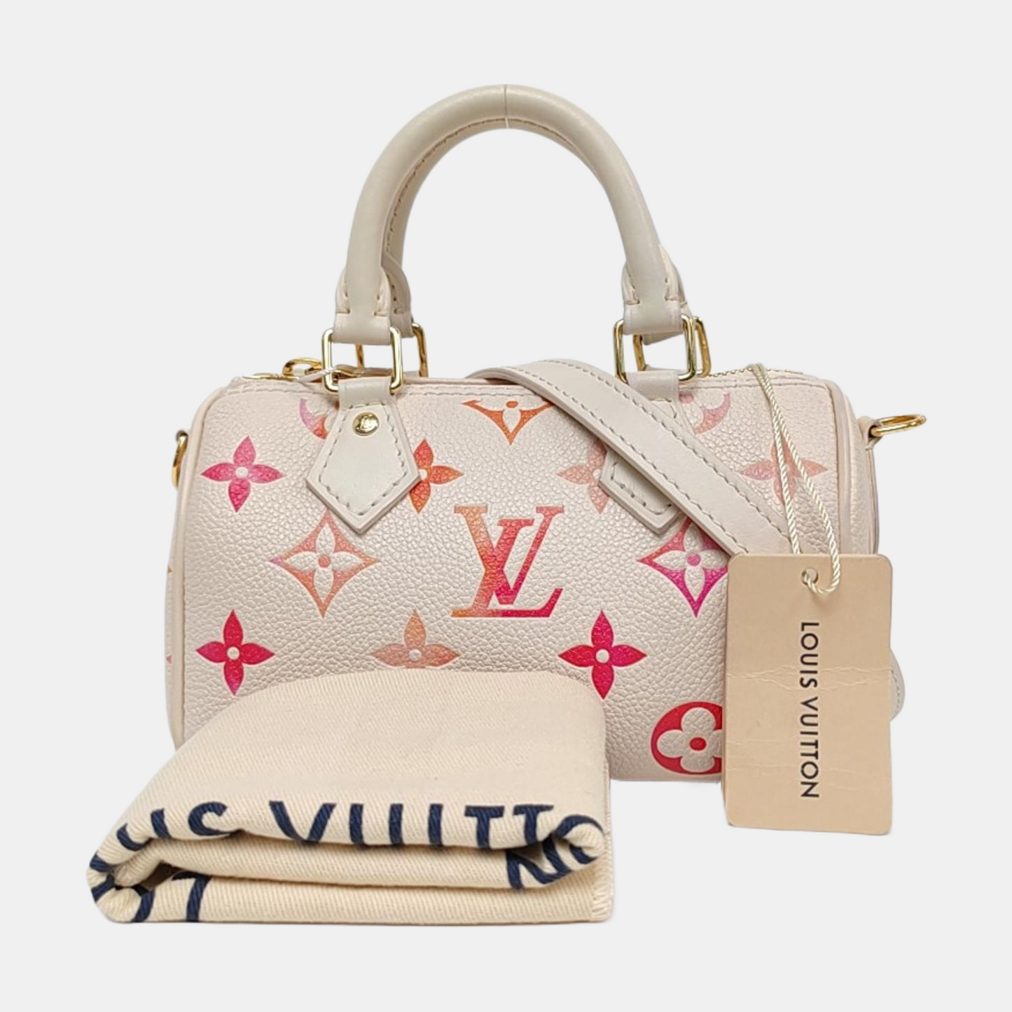 LOUIS VUITTON SPEEDY Nano White Calfskin Monogram Embossed Boston Bag Shoulder Bag Tote Bag Crossbody Bag Gold Hardware Removable Strap-(SKU)-965553381