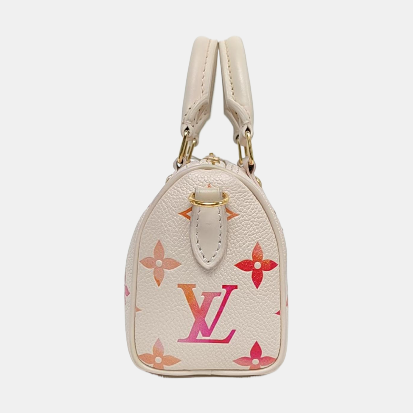 LOUIS VUITTON SPEEDY Nano White Calfskin Monogram Embossed Boston Bag Shoulder Bag Tote Bag Crossbody Bag Gold Hardware Removable Strap-(SKU)-965553381