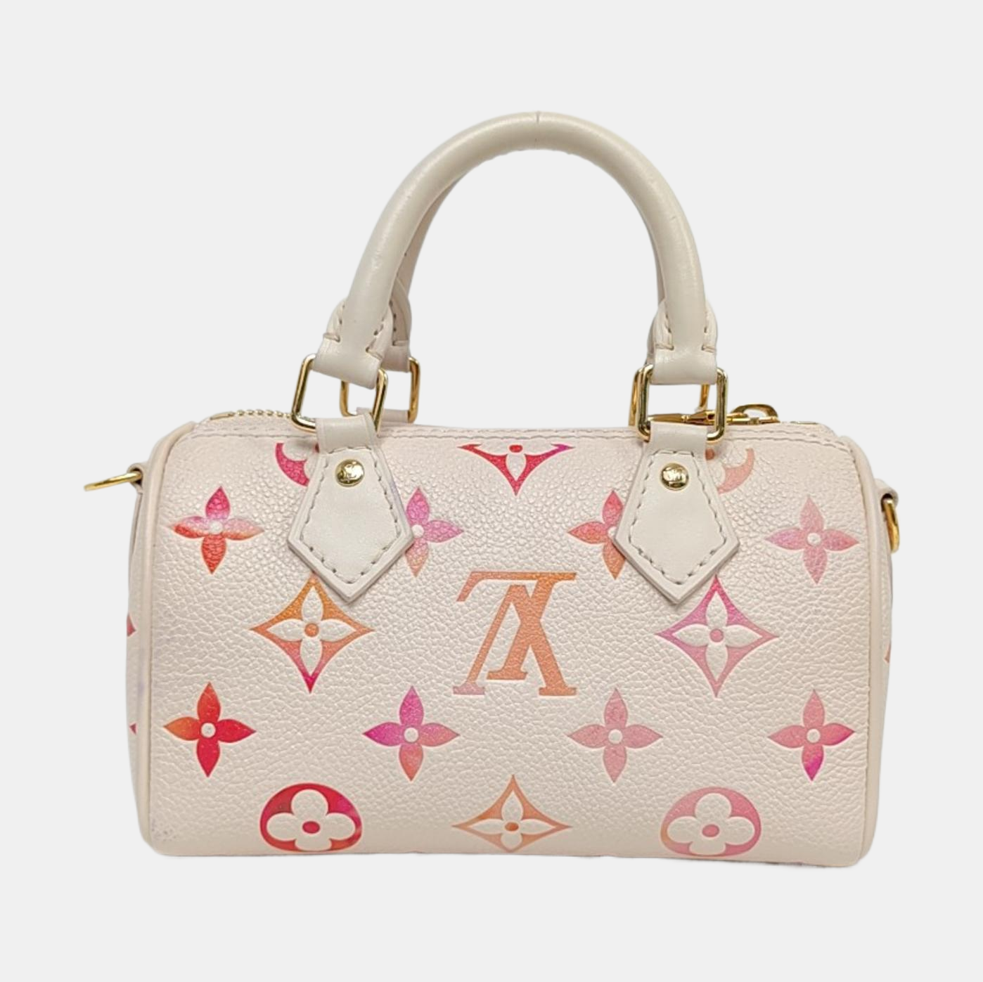 LOUIS VUITTON SPEEDY Nano White Calfskin Monogram Embossed Boston Bag Shoulder Bag Tote Bag Crossbody Bag Gold Hardware Removable Strap-(SKU)-965553381