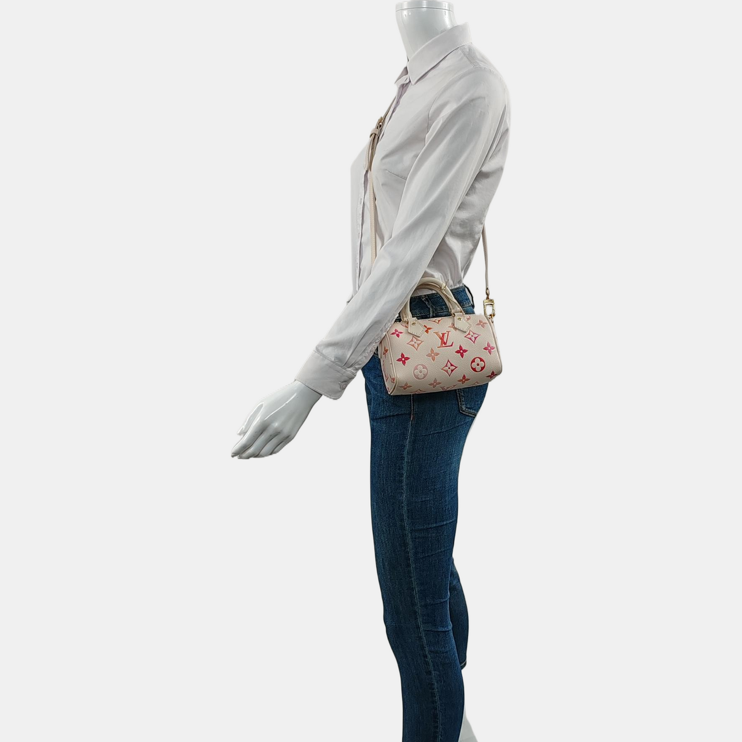 LOUIS VUITTON SPEEDY Nano White Calfskin Monogram Embossed Boston Bag Shoulder Bag Tote Bag Crossbody Bag Gold Hardware Removable Strap-(SKU)-965553381
