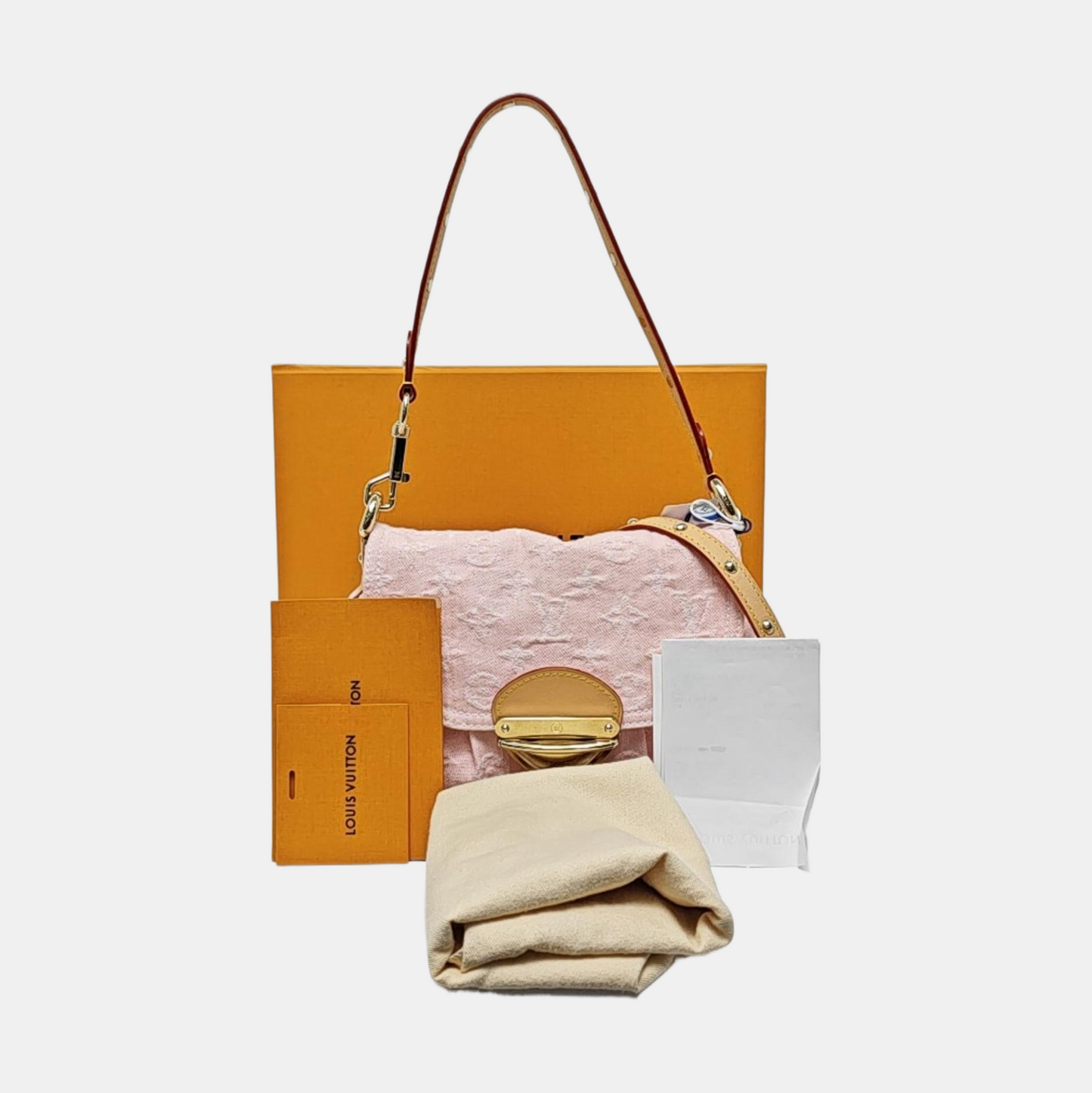 LOUIS VUITTON SUNSET Pink Denim Monogram Single Shoulder Bag with Gold Hardware 2 Removable Shoulder Straps Accessories Included-(SKU)-965274379