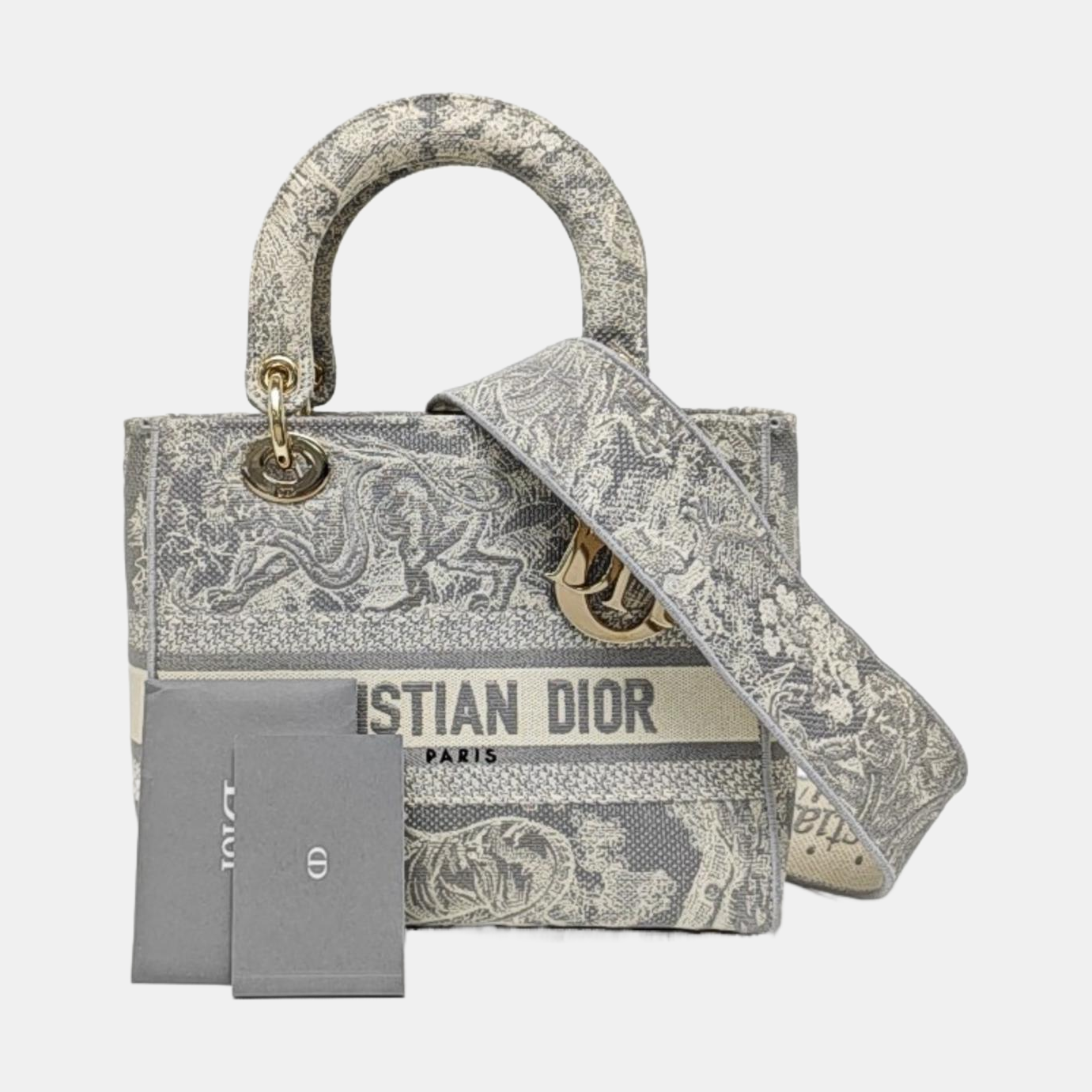 DIOR Lady D-Lite medium size grey fabric embroidered handbag gold hardware detachable shoulder strap-(SKU)-965432994