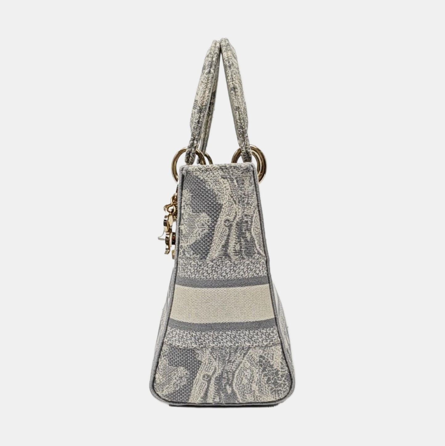 DIOR Lady D-Lite medium size grey fabric embroidered handbag gold hardware detachable shoulder strap-(SKU)-965432994