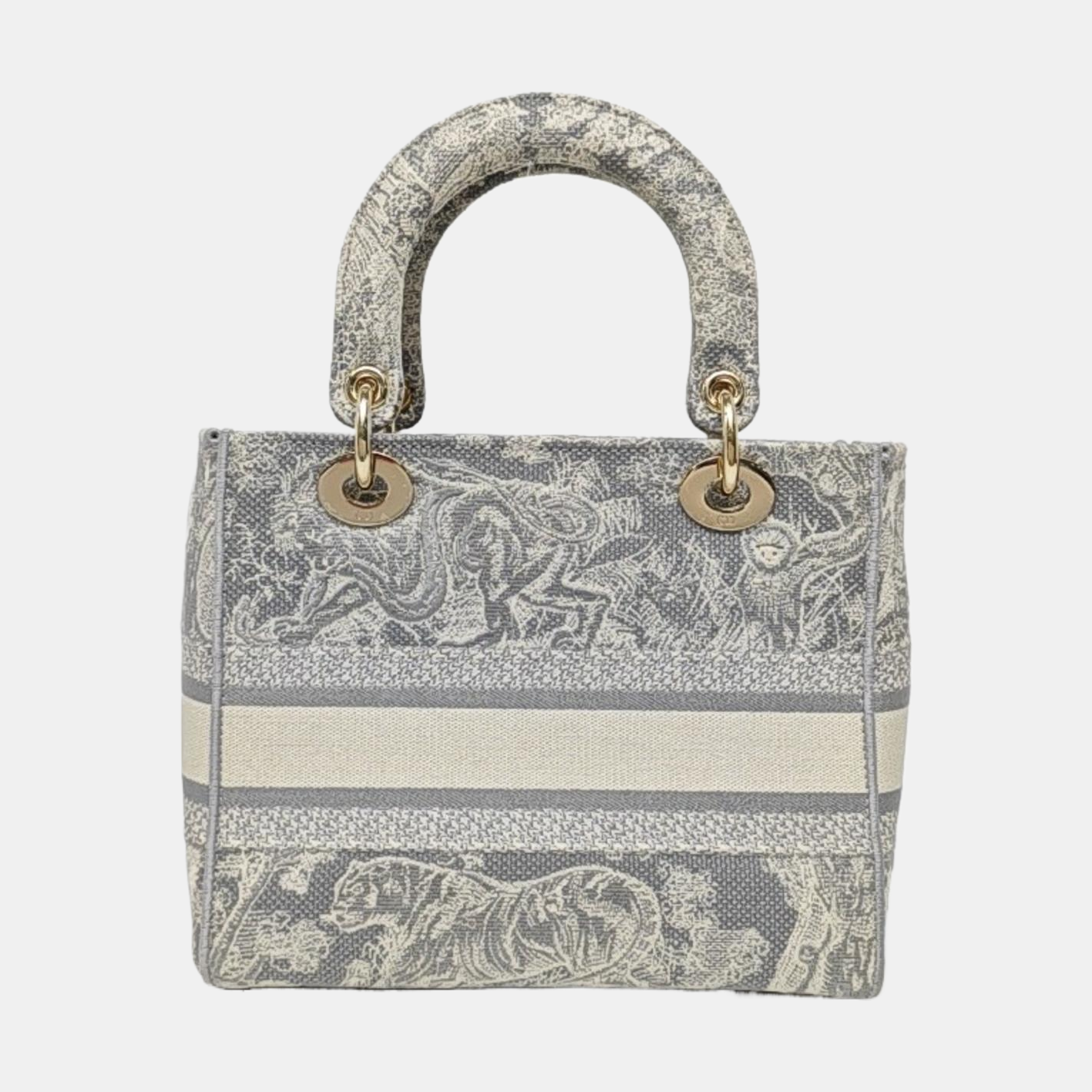DIOR Lady D-Lite medium size grey fabric embroidered handbag gold hardware detachable shoulder strap-(SKU)-965432994