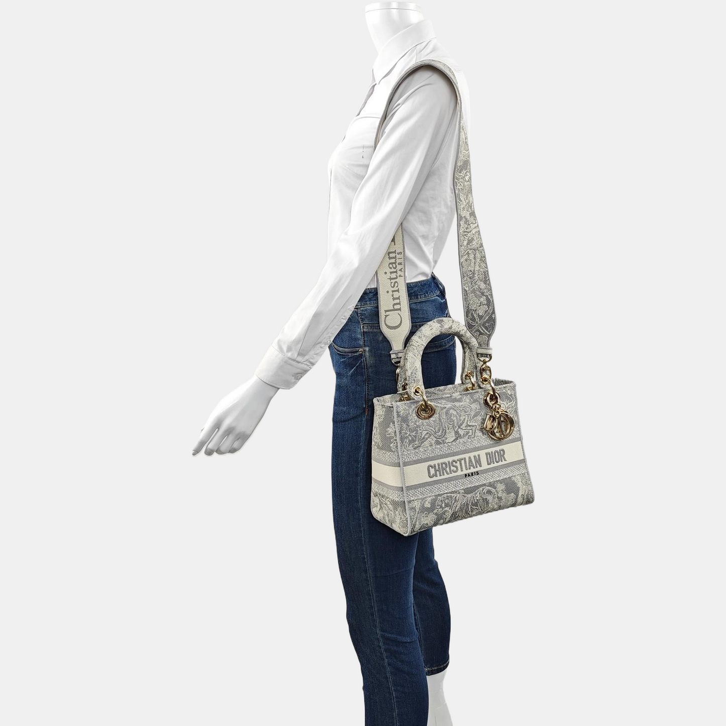 DIOR Lady D-Lite medium size grey fabric embroidered handbag gold hardware detachable shoulder strap-(SKU)-965432994