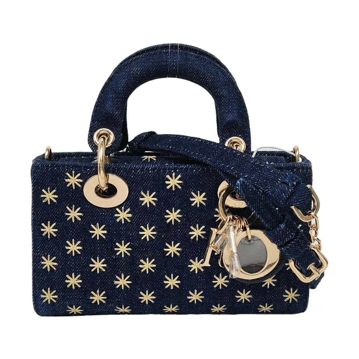 DIOR Lady D-Joy Super Mini Blue Denim Embroidered Crossbody Shoulder Bag Tote Bag Golden Hardware 2 Removable Shoulder Straps Complete Accessories-(SKU)-965662345