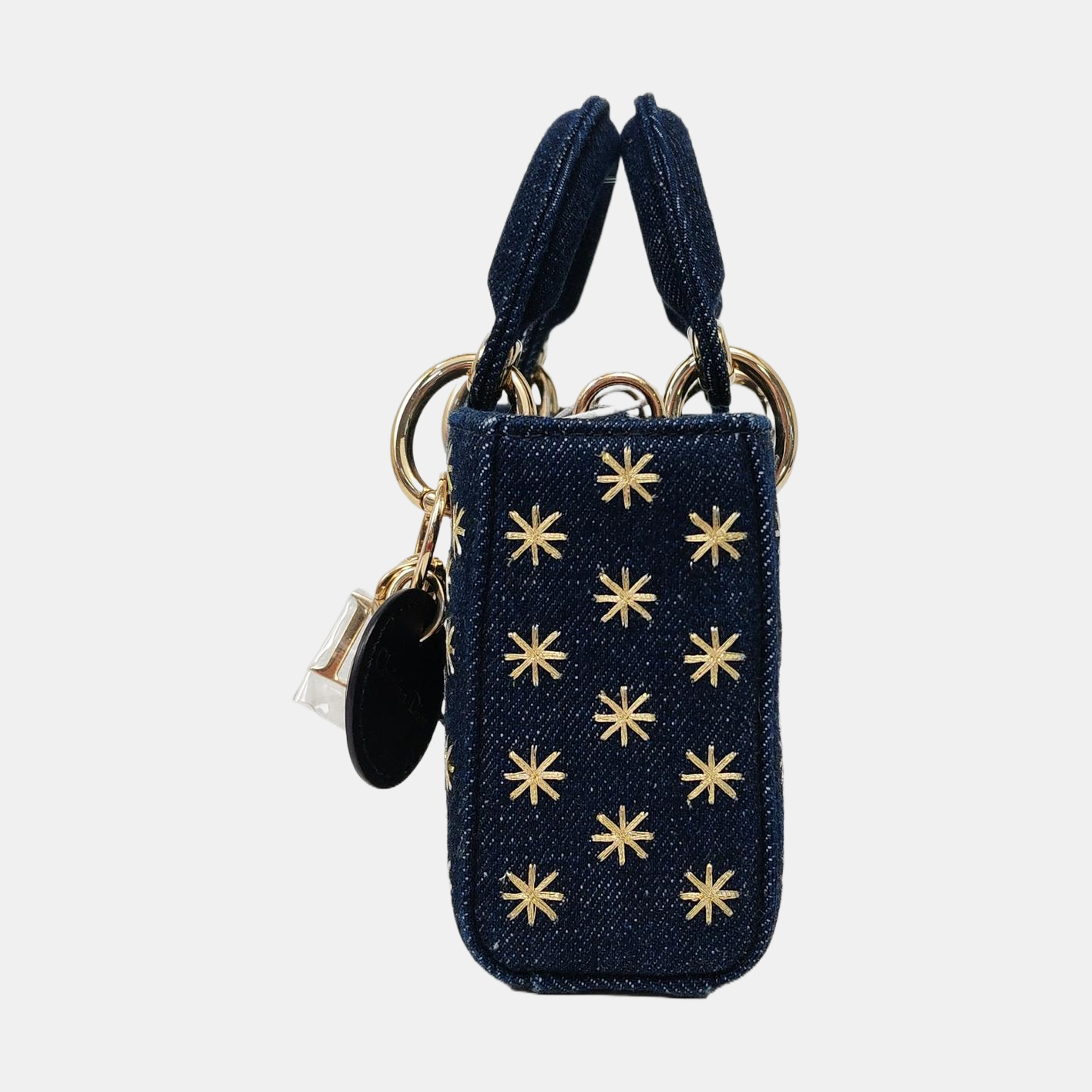 DIOR Lady D-Joy Super Mini Blue Denim Embroidered Crossbody Shoulder Bag Tote Bag Golden Hardware 2 Removable Shoulder Straps Complete Accessories-(SKU)-965662345